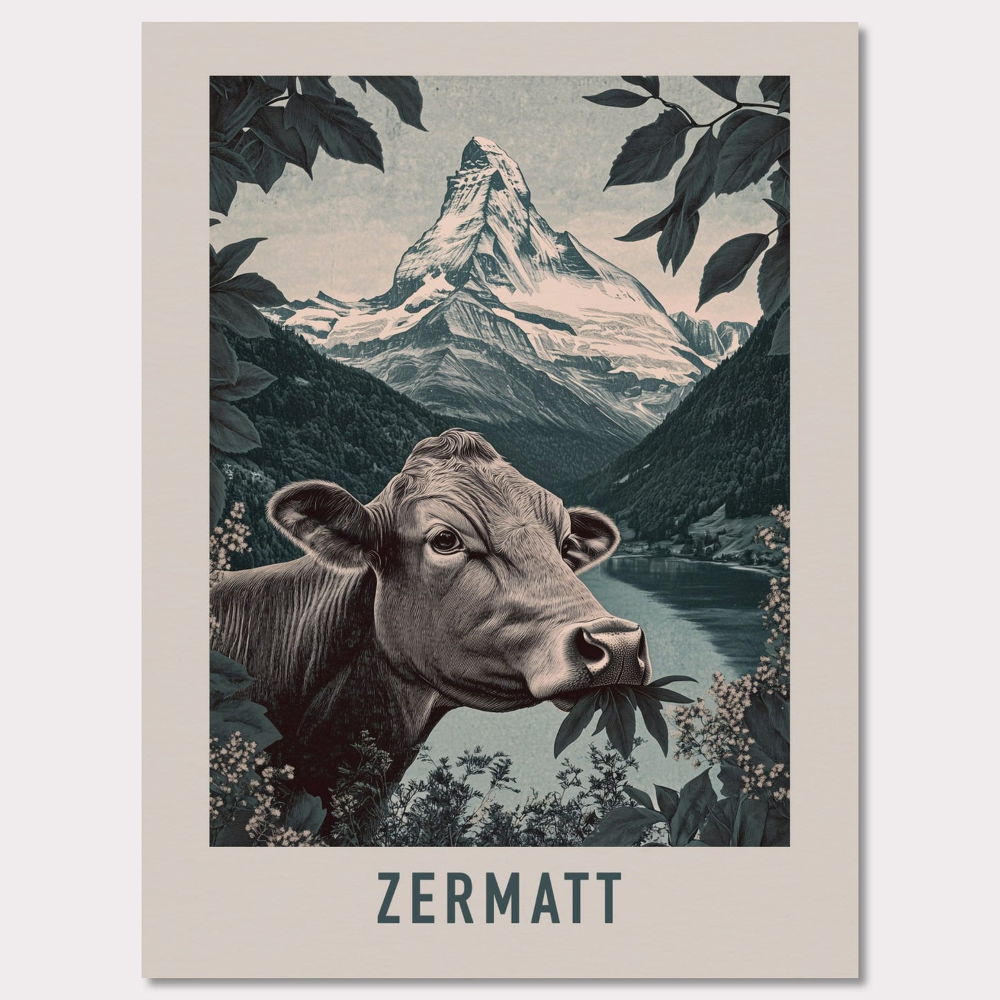 This minimalist yet striking poster captures the essence of Zermatt's natural charm through its bold composition and vintage-inspired design. At the heart of the image is a curious cow enjoying alpine foliage, framed by lush greenery, with the iconic Matterhorn towering in the background. The muted color palette enhances the timeless appeal, blending a sense of serenity and rustic life.