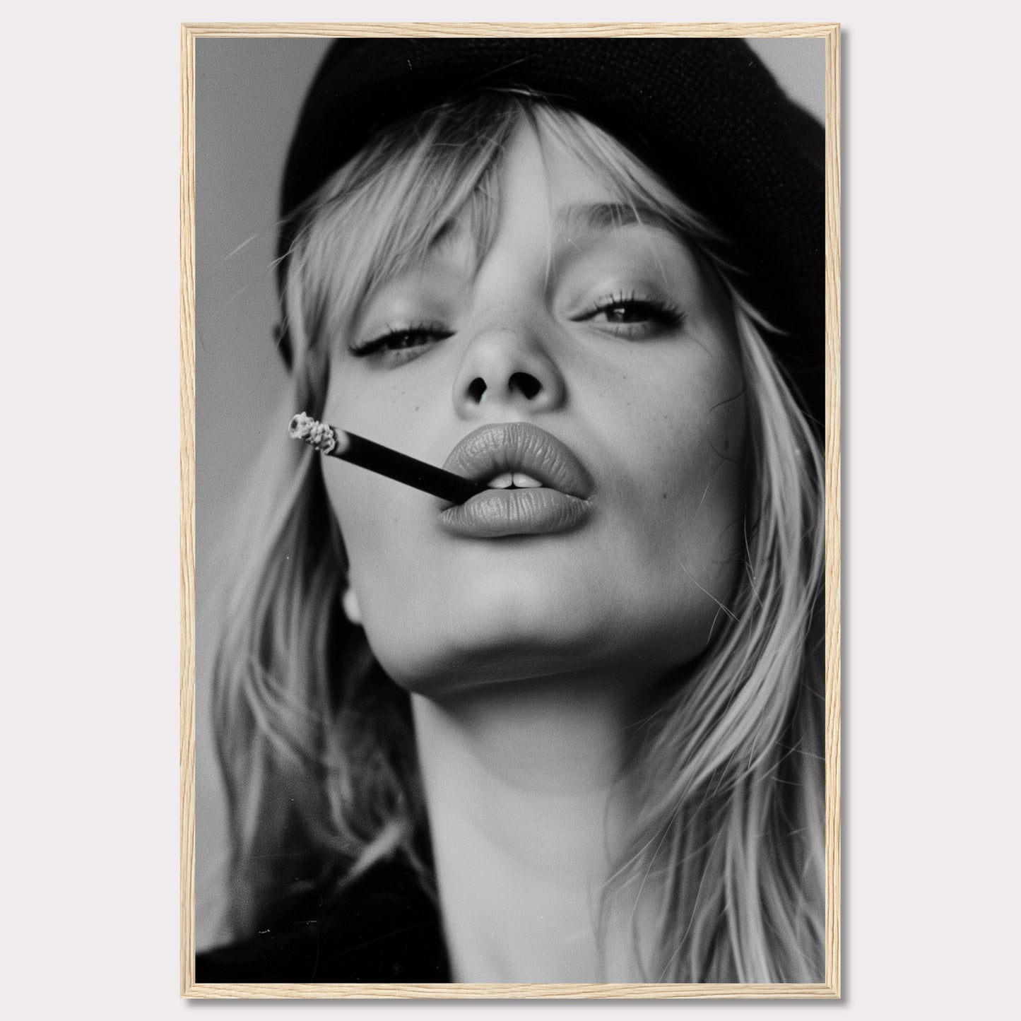 This striking black and white portrait captures a woman with a cigarette between her lips, exuding confidence and allure. Her intense gaze, slightly parted lips, and the casual placement of the cigarette create a bold and edgy aesthetic. The image is framed in a sleek black border, adding to its sophisticated appeal.