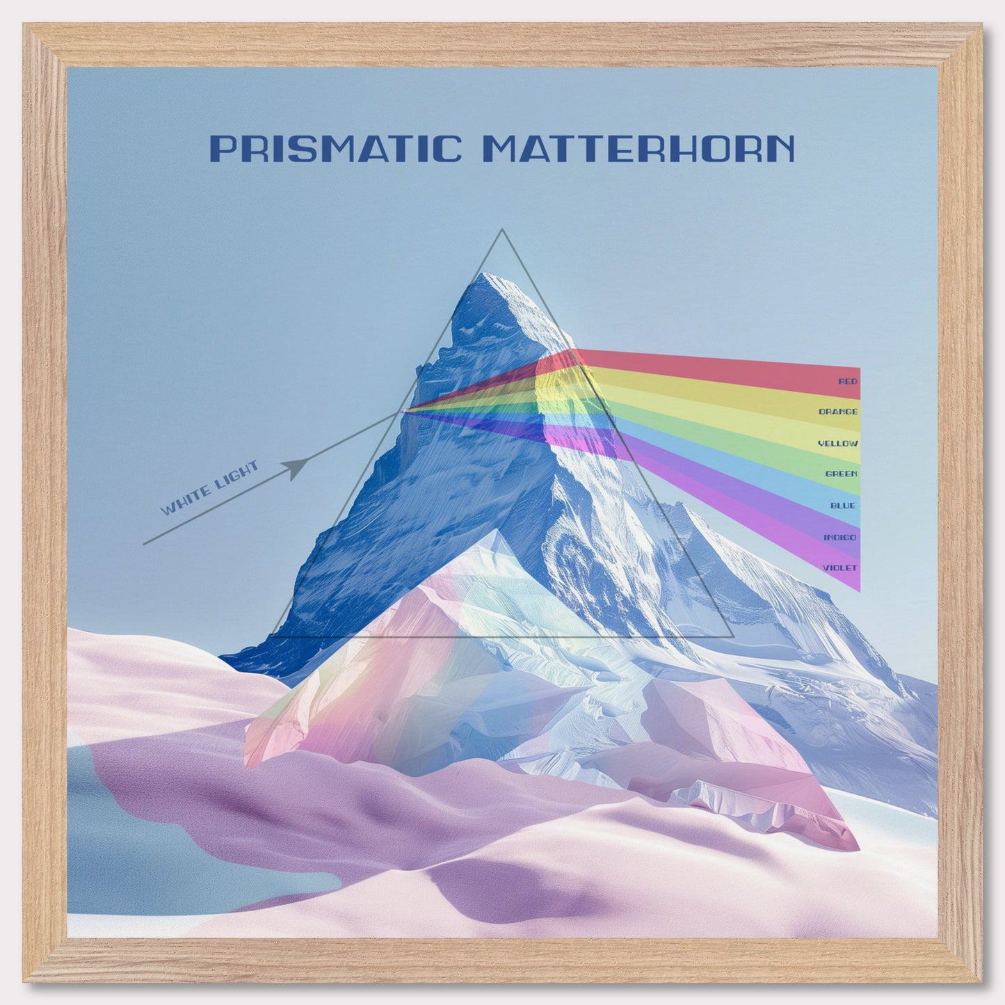 This image features a stunning illustration of the Matterhorn mountain with a prismatic effect. The mountain is depicted as a prism, dispersing white light into a spectrum of colors.