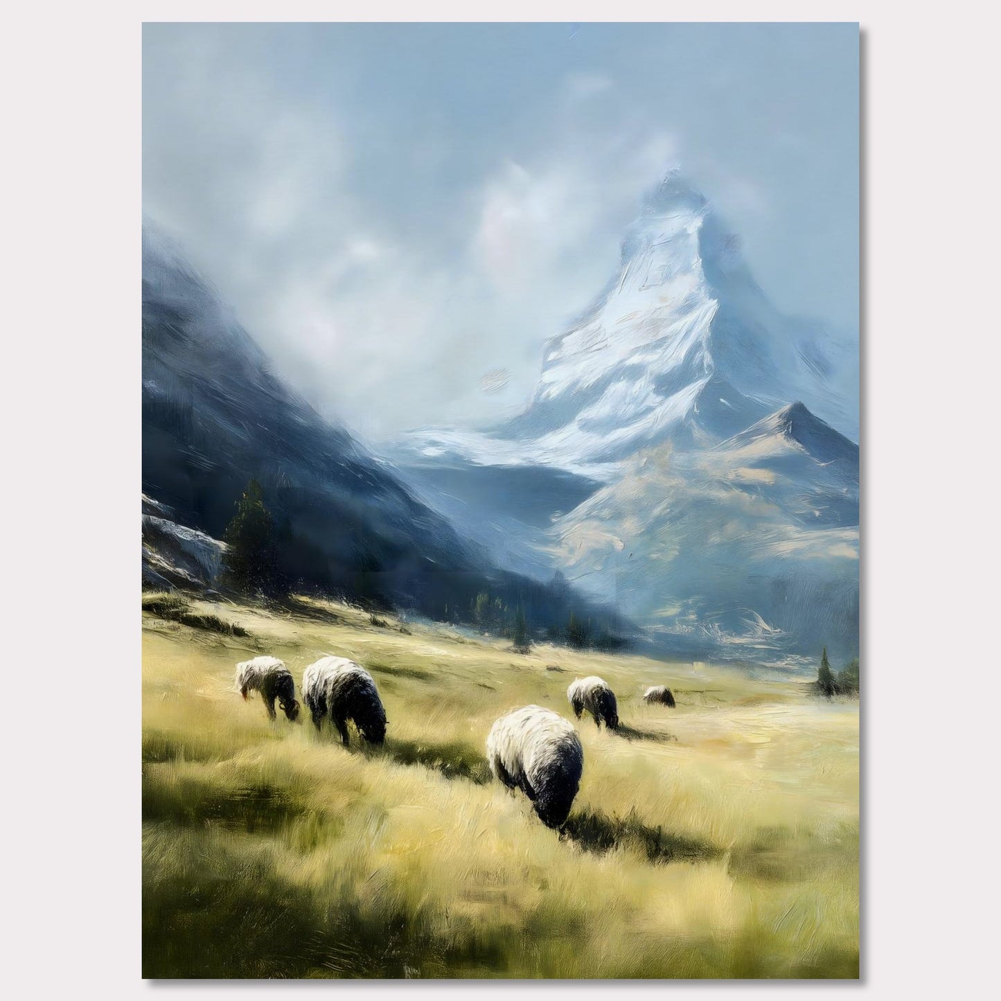 In the shadow of the Matterhorn, sheep graze peacefully on sunlit fields. This pastoral scene blends the grandeur of the Alps with the charm of rural life. The softness of the animals and golden grass contrasts beautifully with the snow-covered majesty above.