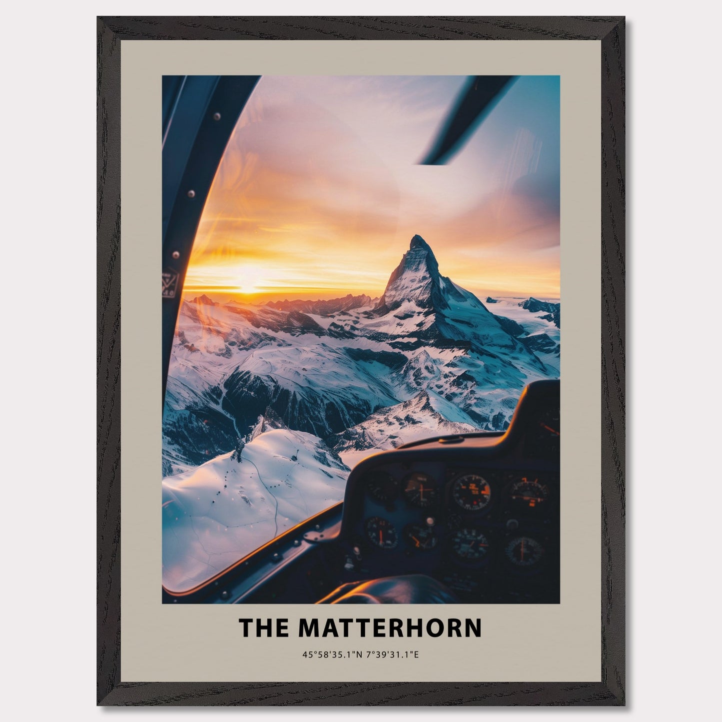 This stunning photograph captures the majestic Matterhorn at sunset, viewed from the cockpit of an aircraft. The snow-covered peaks and the golden hues of the sky create a breathtaking scene.