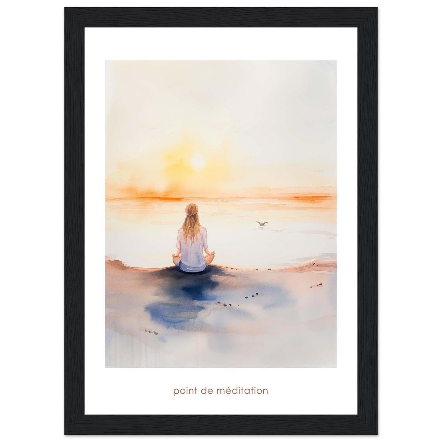 This serene artwork captures a tranquil moment of meditation by the sea at sunrise. A person sits cross-legged on the shore, facing the calming horizon as the sun rises, casting a warm glow over the water. A bird flies gracefully in the distance, adding to the peaceful ambiance. The soft colors and gentle brushstrokes evoke a sense of calm and introspection.