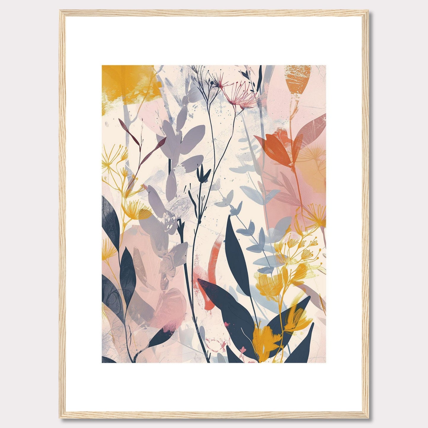 This image showcases a beautiful abstract botanical art print. It features a blend of soft and vibrant colors, depicting various plant forms and leaves.