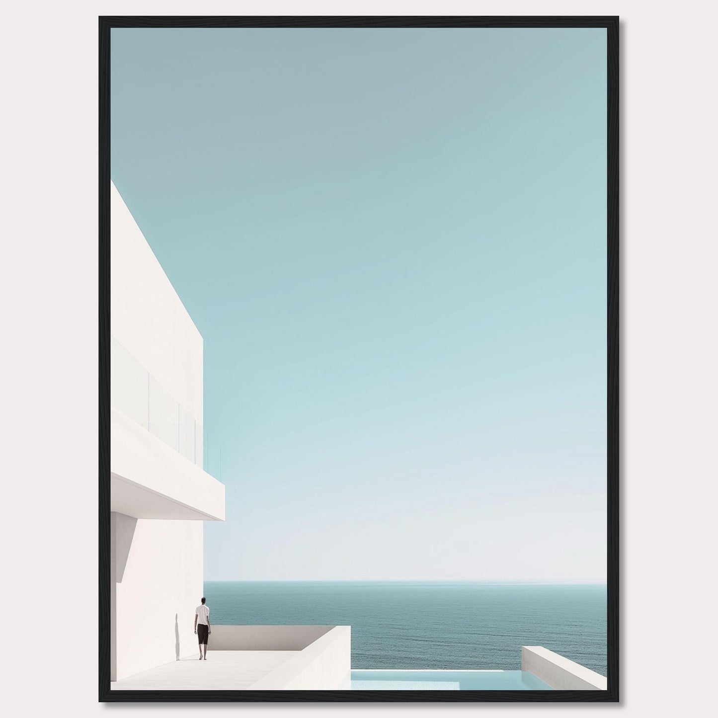 This serene image captures a minimalist coastal scene featuring a modern white building overlooking the tranquil ocean. A solitary figure stands on a balcony, gazing out at the expansive sea and clear sky. The composition exudes calmness and simplicity, inviting viewers to embrace a moment of peaceful reflection.