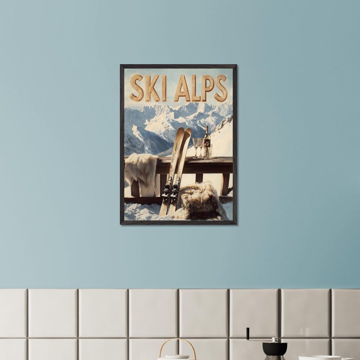 This captivating poster invites you to a serene alpine retreat, where snowy peaks stretch into the horizon. A pair of classic wooden skis leans against a rustic balcony railing, adorned with soft fur for added warmth. A bottle of fine wine and elegant glasses sit atop the table, perfectly complementing the breathtaking mountain backdrop.