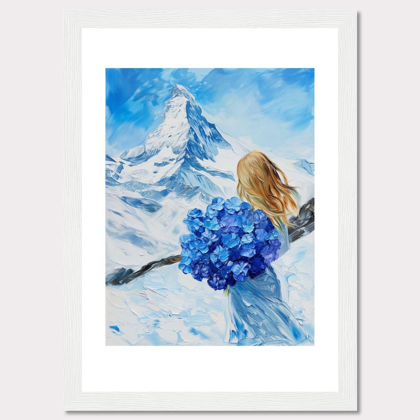 This captivating painting depicts a serene winter landscape with a majestic snow-covered mountain in the background. A woman with flowing blonde hair stands in the foreground, holding a vibrant bouquet of blue flowers. The sky is a brilliant shade of blue, complementing the snowy scenery.