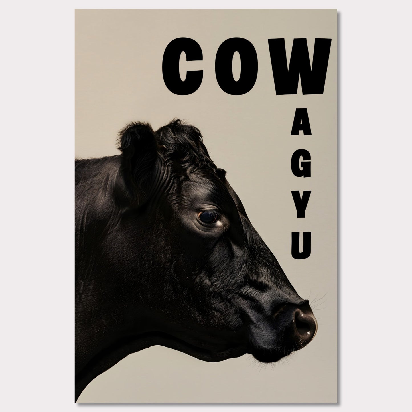 This image features a close-up profile of a black cow against a neutral background. The word "COW" is prominently displayed in bold black letters at the top, while the word "WAGYU" is arranged vertically on the right side.