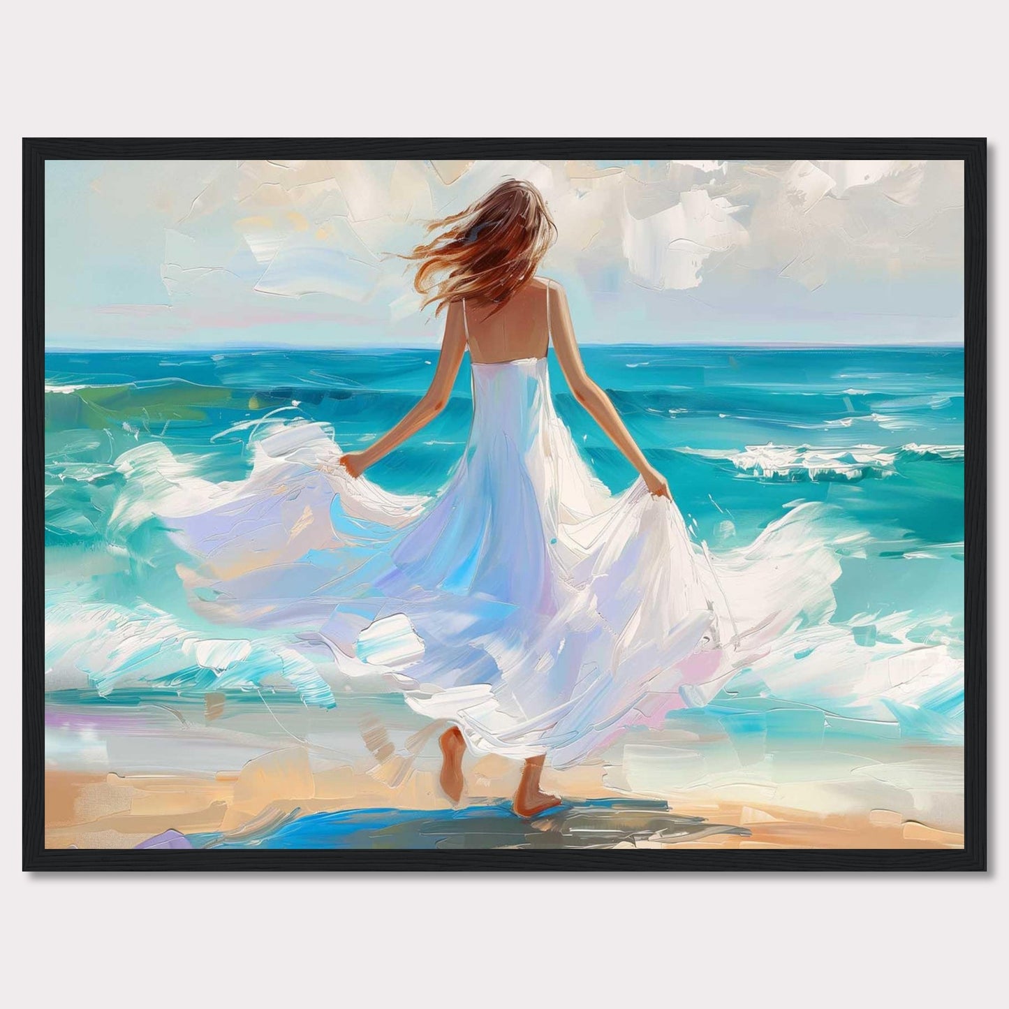 This stunning painting captures a serene moment of a woman in a flowing white dress standing at the edge of the ocean, with waves gently crashing onto the shore. The vibrant colors and dynamic brushstrokes bring this scene to life, evoking a sense of peace and freedom.