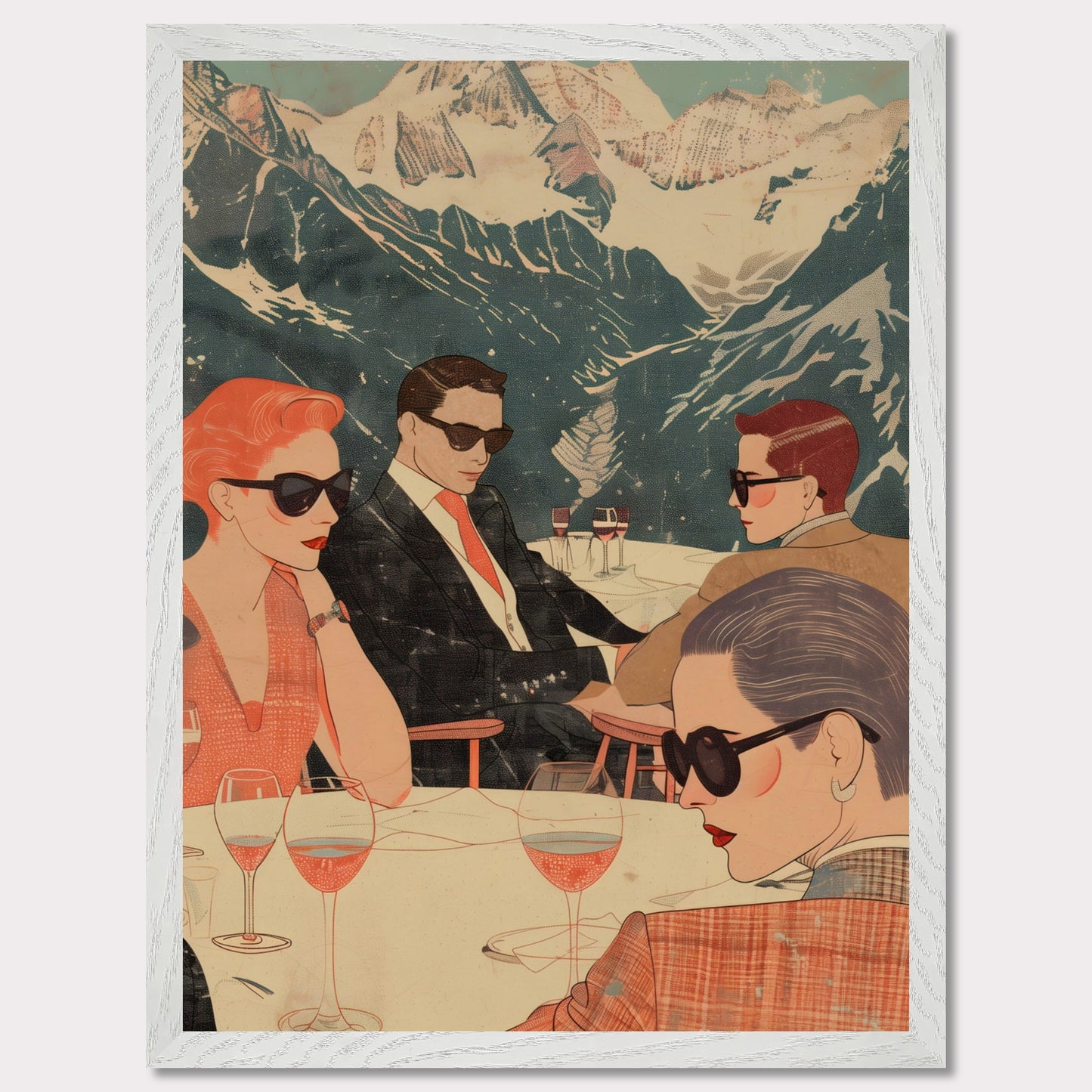 This captivating illustration depicts a stylish group of individuals enjoying a sophisticated gathering with a stunning mountain backdrop.