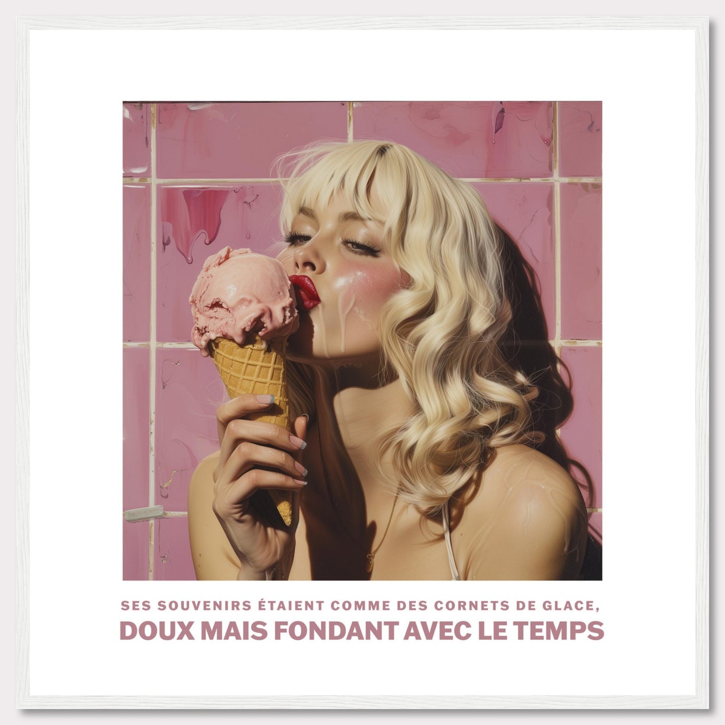 This image features a woman with blonde hair enjoying a pink ice cream cone against a backdrop of pink tiles. The text at the bottom reads: "Ses souvenirs étaient comme des cornets de glace, doux mais fondant avec le temps," which translates to "Her memories were like ice cream cones, sweet but melting with time."