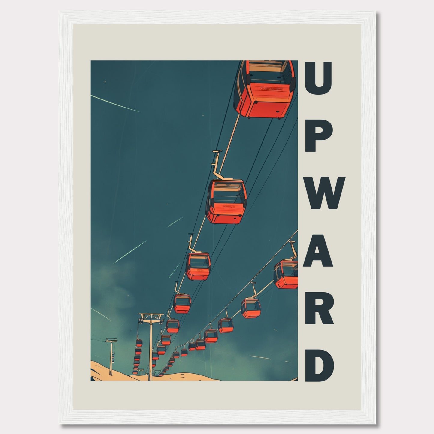 This striking artwork features a series of red cable cars ascending into a deep blue sky, evoking a sense of adventure and upward momentum. The word "UPWARD" is boldly displayed along the right side, reinforcing the theme of progress and elevation.