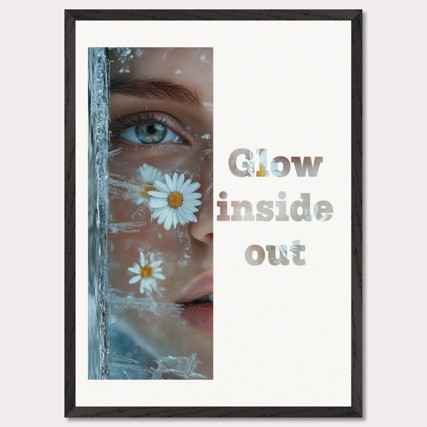 This illustration features a close-up of a person's face with daisies and ice crystals. The text "Glow inside out" is prominently displayed beside the image.

Where will this poster fit: Living room, bedroom, office, hallway, or studio.