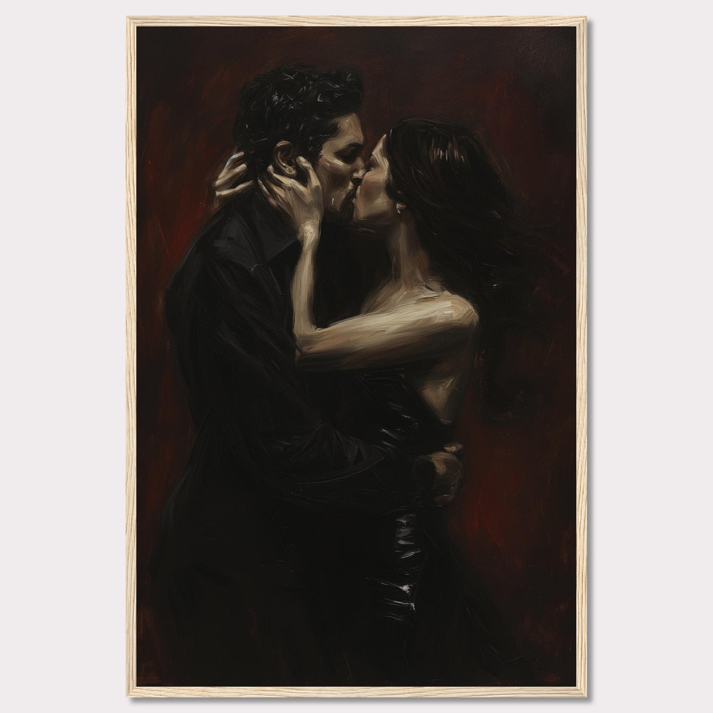 This evocative painting captures an intimate moment of a passionate kiss between two lovers. The dark, rich tones create a dramatic and romantic atmosphere.