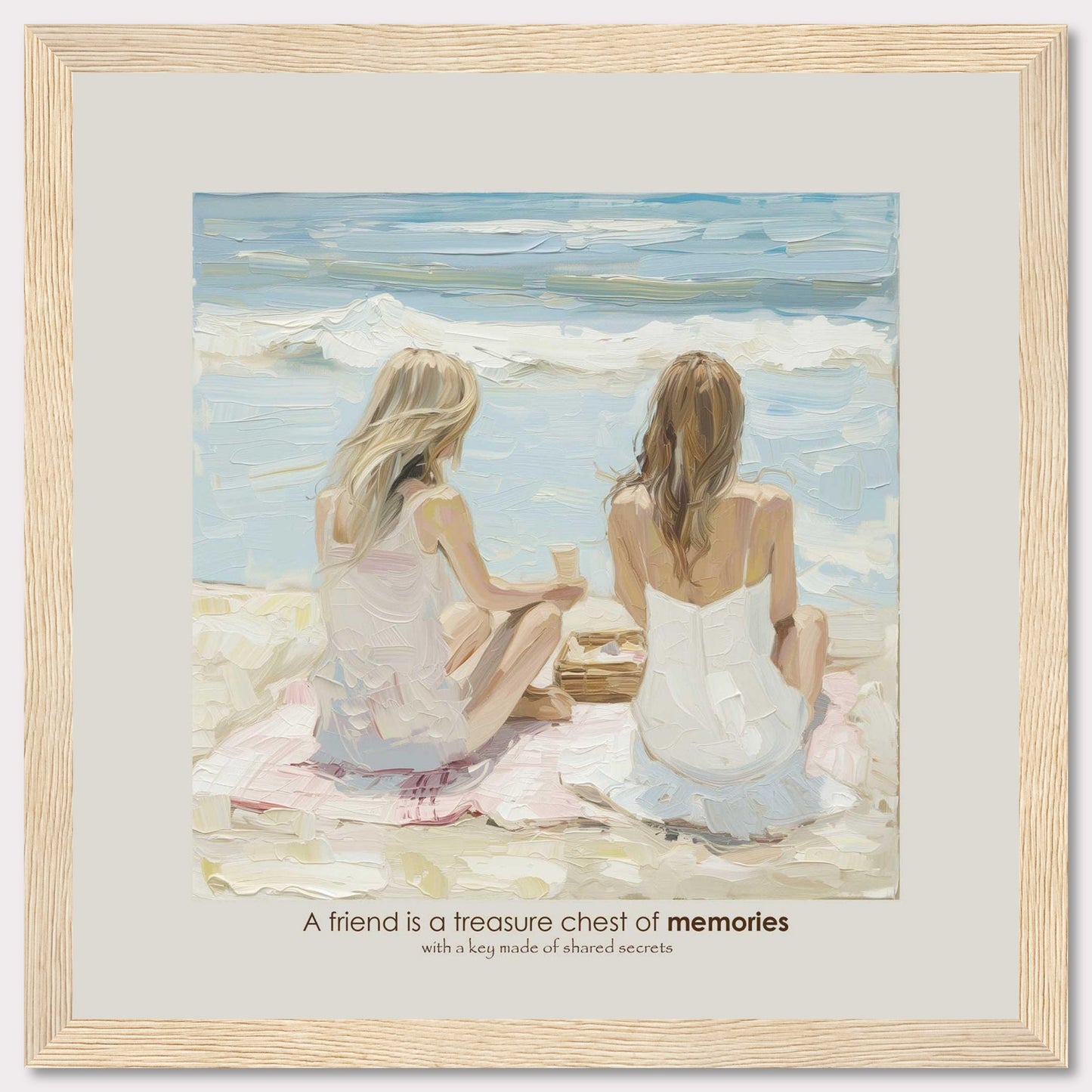 A beautiful painting depicts two women sitting on a beach, facing the ocean. They are engaged in a serene moment, perhaps sharing a conversation or simply enjoying the view. The scene evokes a sense of tranquility and deep friendship. The quote below the image reads, "A friend is a treasure chest of memories with a key made of shared secrets," highlighting the value of close companionship.