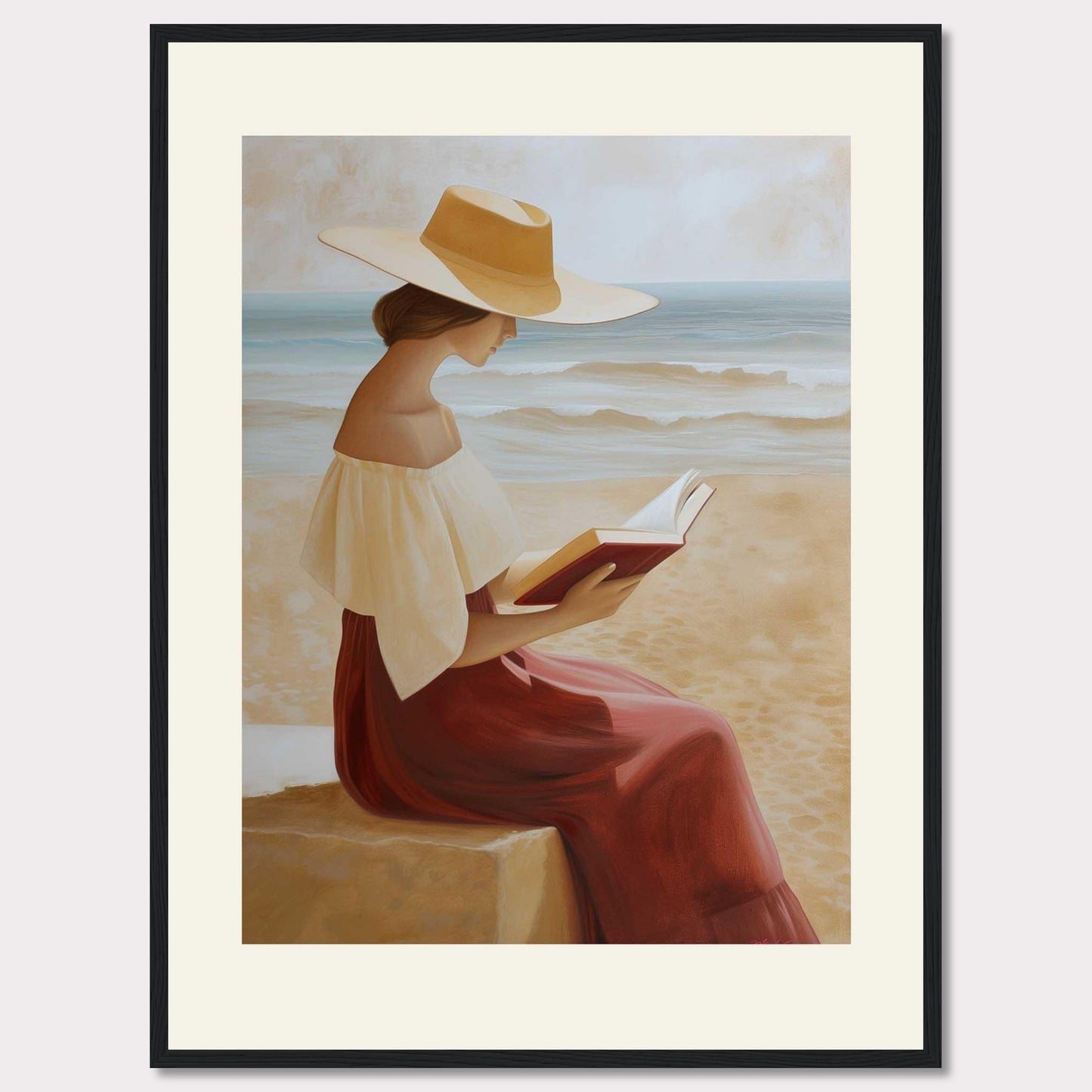 This serene painting depicts a woman sitting by the beach, engrossed in a book. She wears a wide-brimmed hat and a flowing dress, with the ocean waves gently rolling in the background.