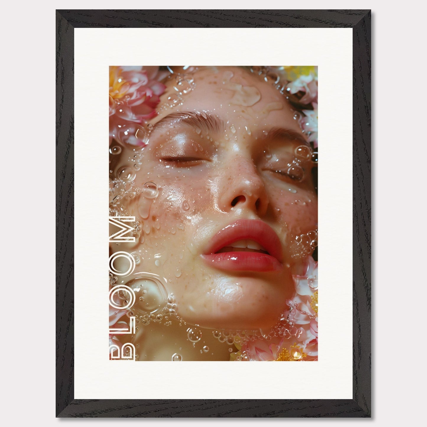 This illustration features a close-up of a serene face with closed eyes, surrounded by water droplets and flowers. The word "BLOOM" is prominently displayed along the left side.

Where this poster will fit: This poster would be ideal for a bedroom, living room, or beauty salon.