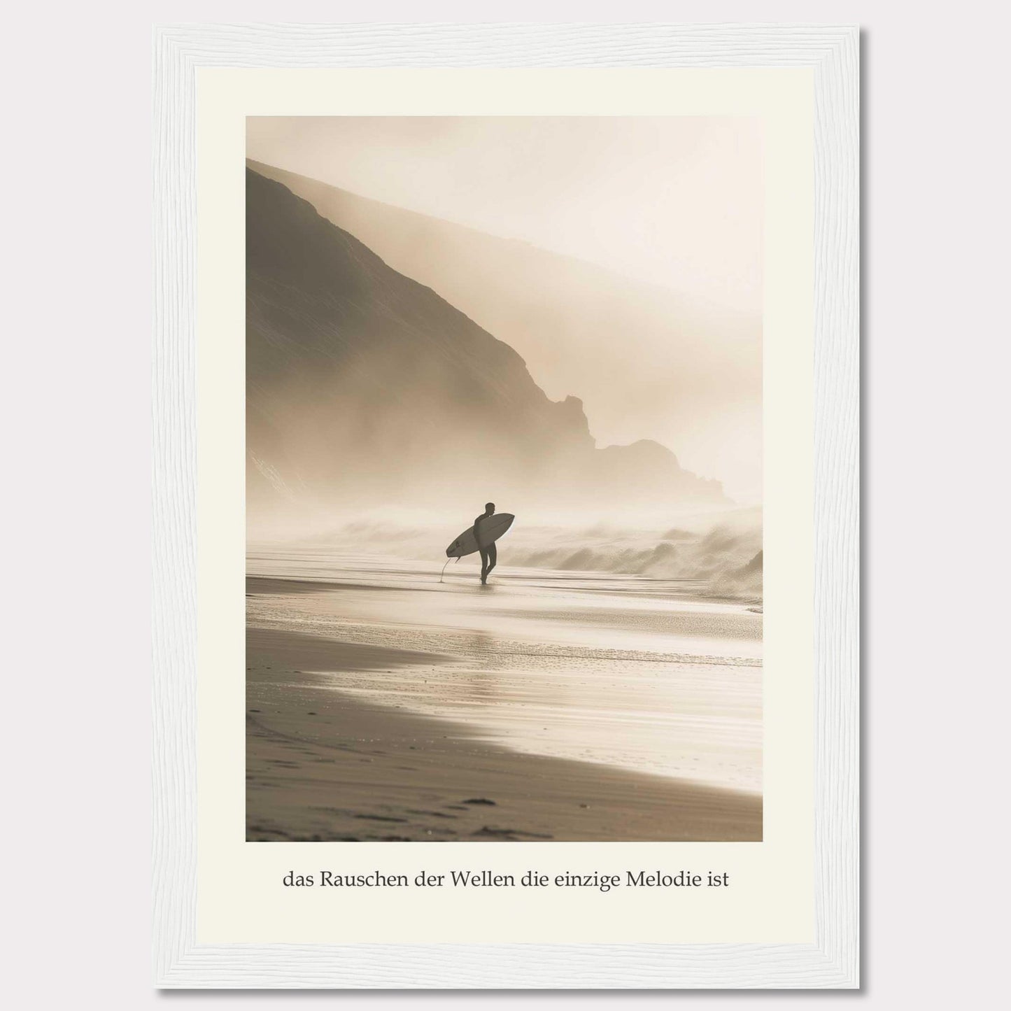 This captivating photograph captures a lone surfer walking along a misty beach, surfboard in hand, with towering cliffs in the background.