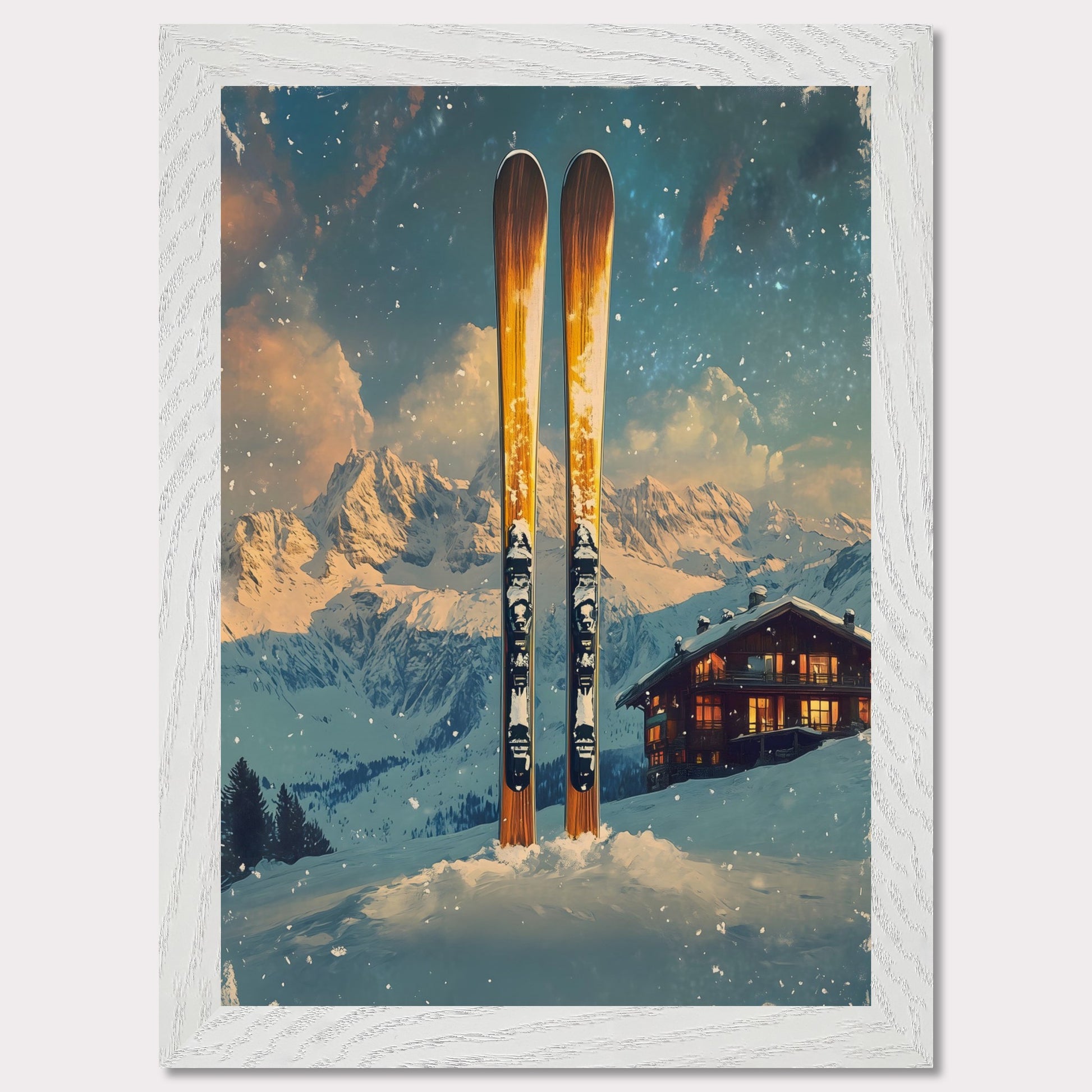 This enchanting poster portrays a serene winter scene with a skier gracefully gliding through untouched snow. The tranquil beauty of the snowy landscape, combined with the soft hues of a setting sun, creates an atmosphere of peace and connection with nature. The minimalistic style emphasizes simplicity and elegance.