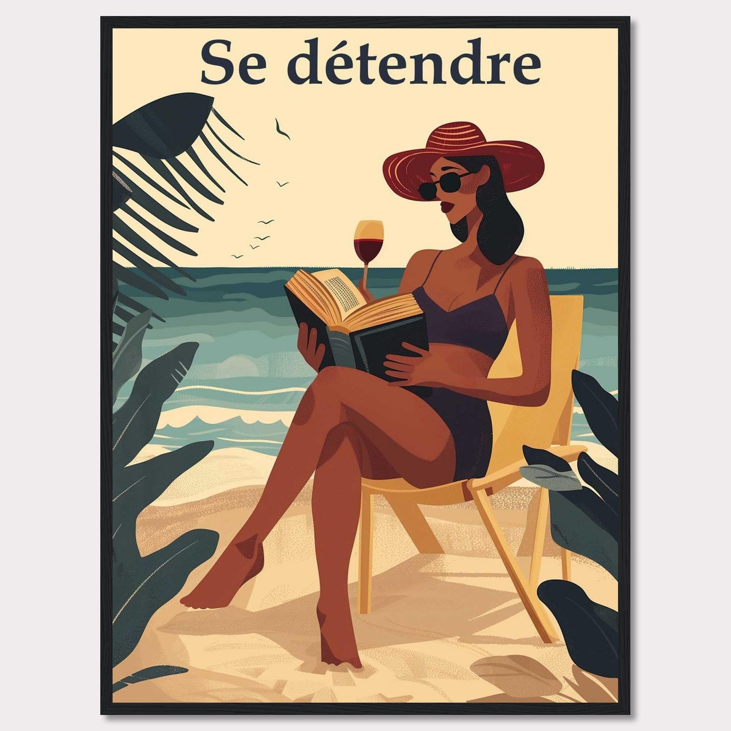 This illustration captures a serene beach scene with a woman relaxing on a chair, reading a book, and enjoying a glass of wine. The text "Se détendre" at the top translates to "Relax" in English.