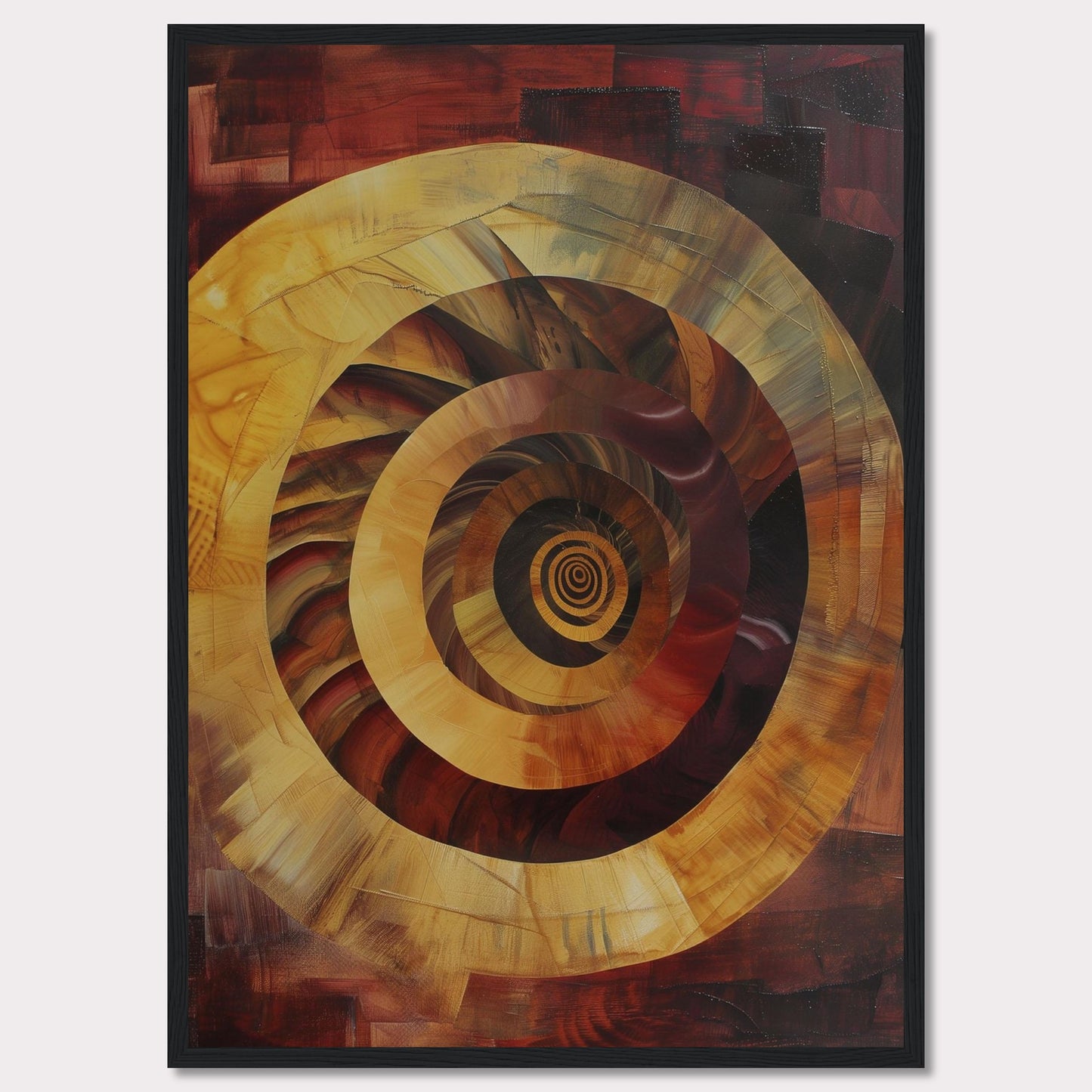 This captivating abstract painting features a mesmerizing spiral design, drawing the viewer into its depths. The artwork is dominated by warm tones of red, orange, and yellow, creating a sense of movement and energy.