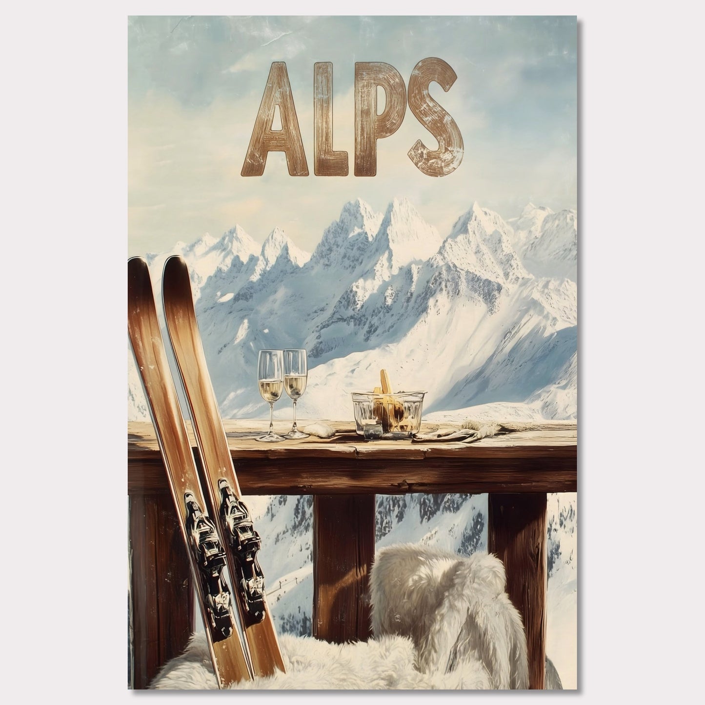 This vibrant poster captures the charm of après-ski culture with a rustic wooden terrace overlooking snow-covered mountains. The warm textures of fur throws and the elegant wine glasses create an inviting post-ski ambiance.