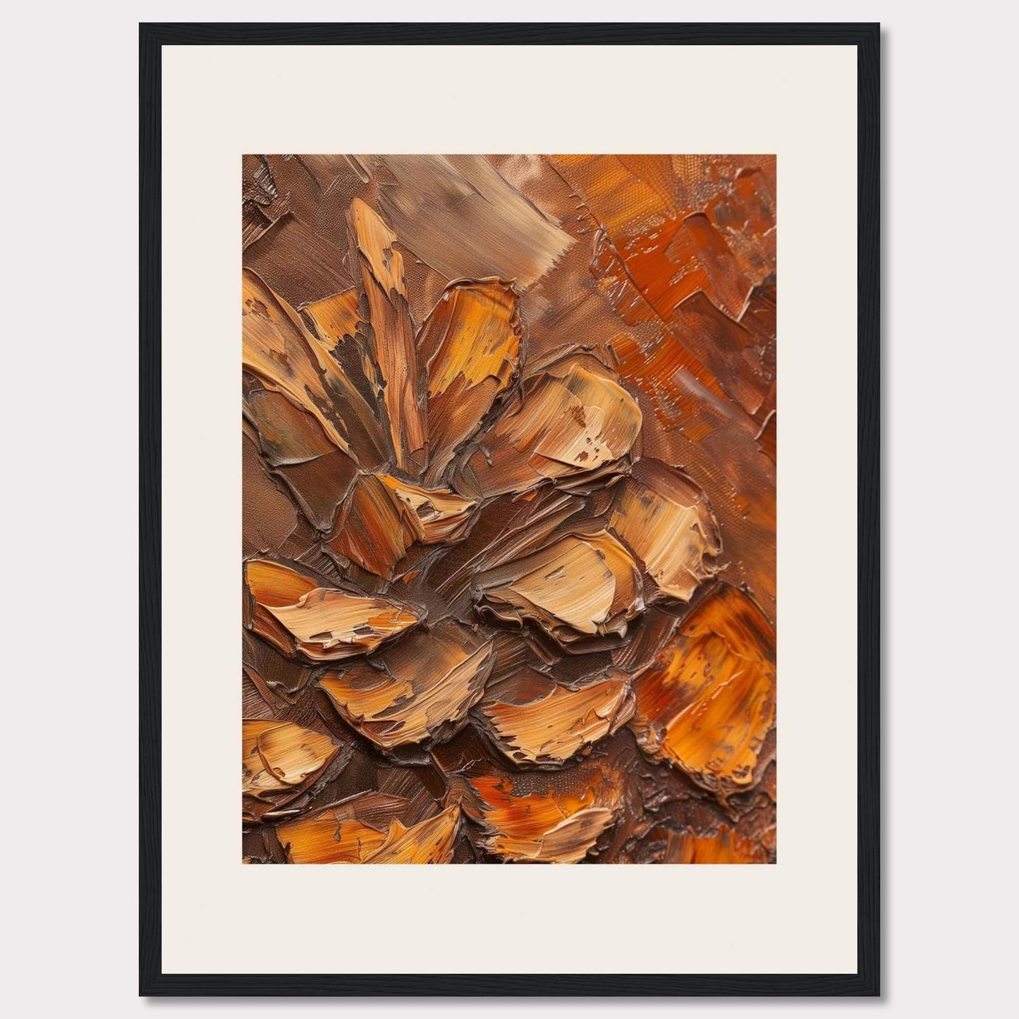 This image showcases a textured painting of a pine cone, rendered in rich, earthy tones. The thick, impasto technique gives the artwork a three-dimensional feel, making the pine cone appear almost lifelike. The painting is framed in a sleek black frame with a white matting that enhances its visual appeal.