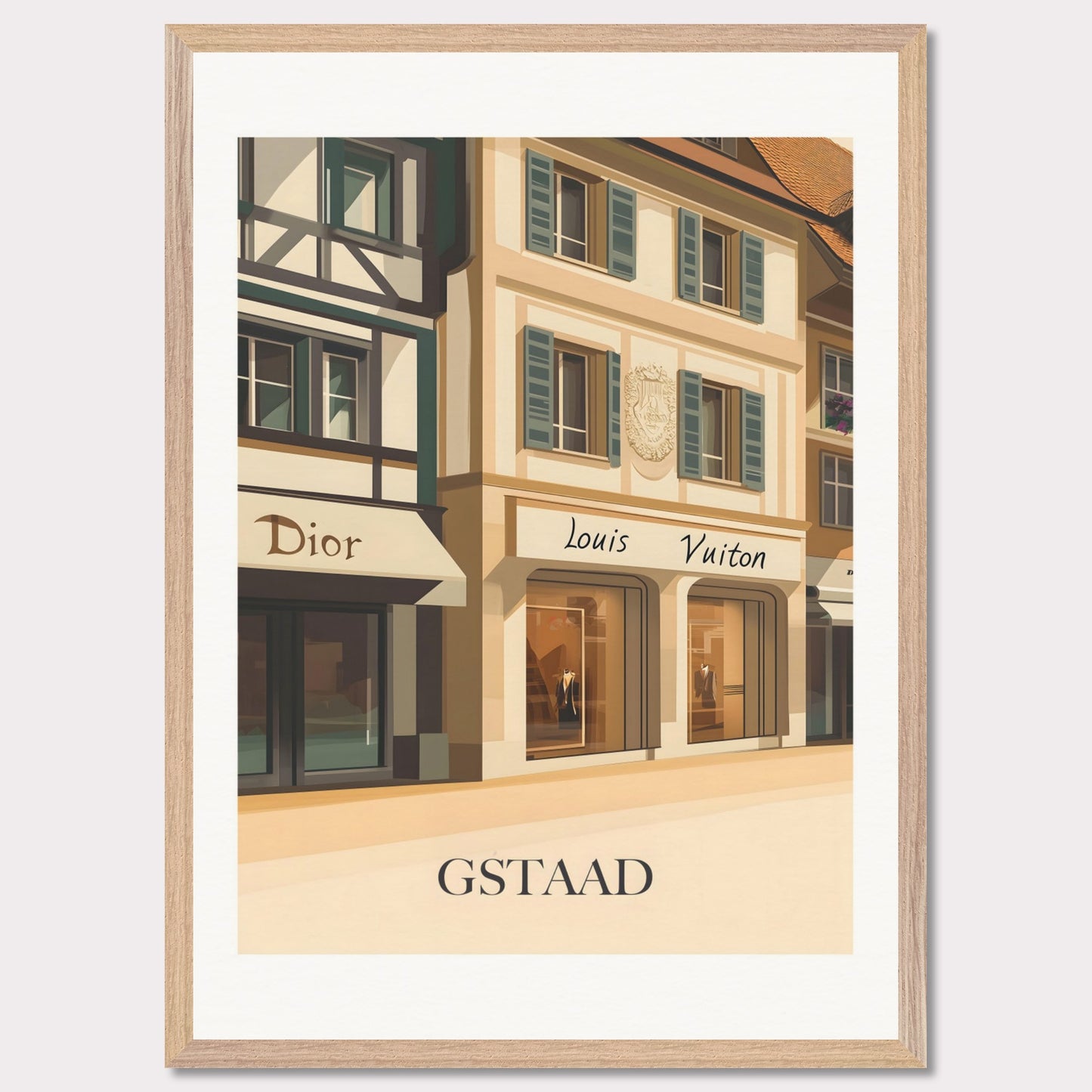 A beautifully illustrated poster showcasing Gstaad’s world-class shopping scene. The charming facades of Dior and Louis Vuitton boutiques reflect the town’s upscale ambiance.