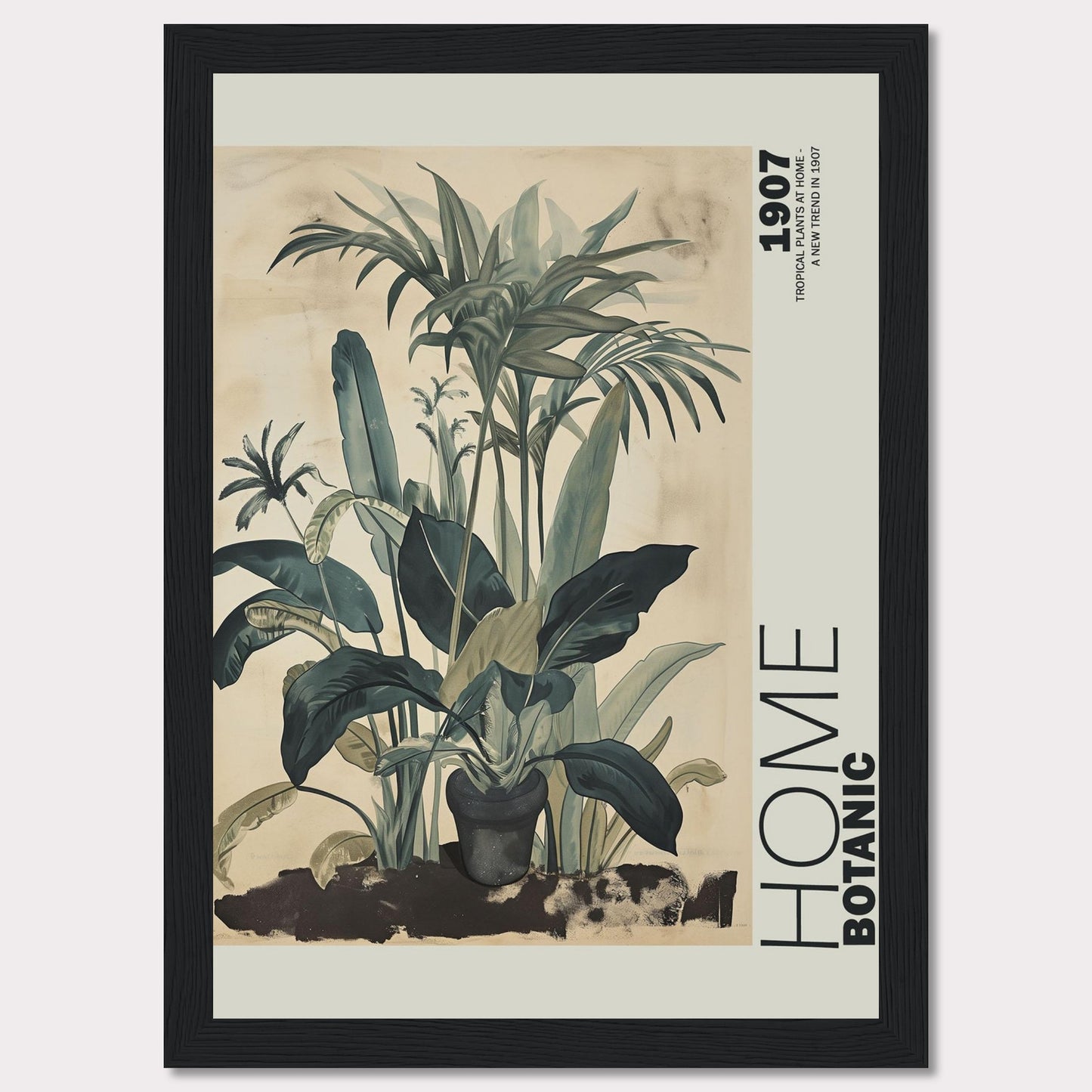 This image features a beautifully framed botanical art print showcasing lush tropical plants. The artwork has a vintage feel with muted green tones and intricate leaf details, giving it a timeless aesthetic. The text "HOME BOTANIC" and "1907" adds a touch of classic elegance to the piece.