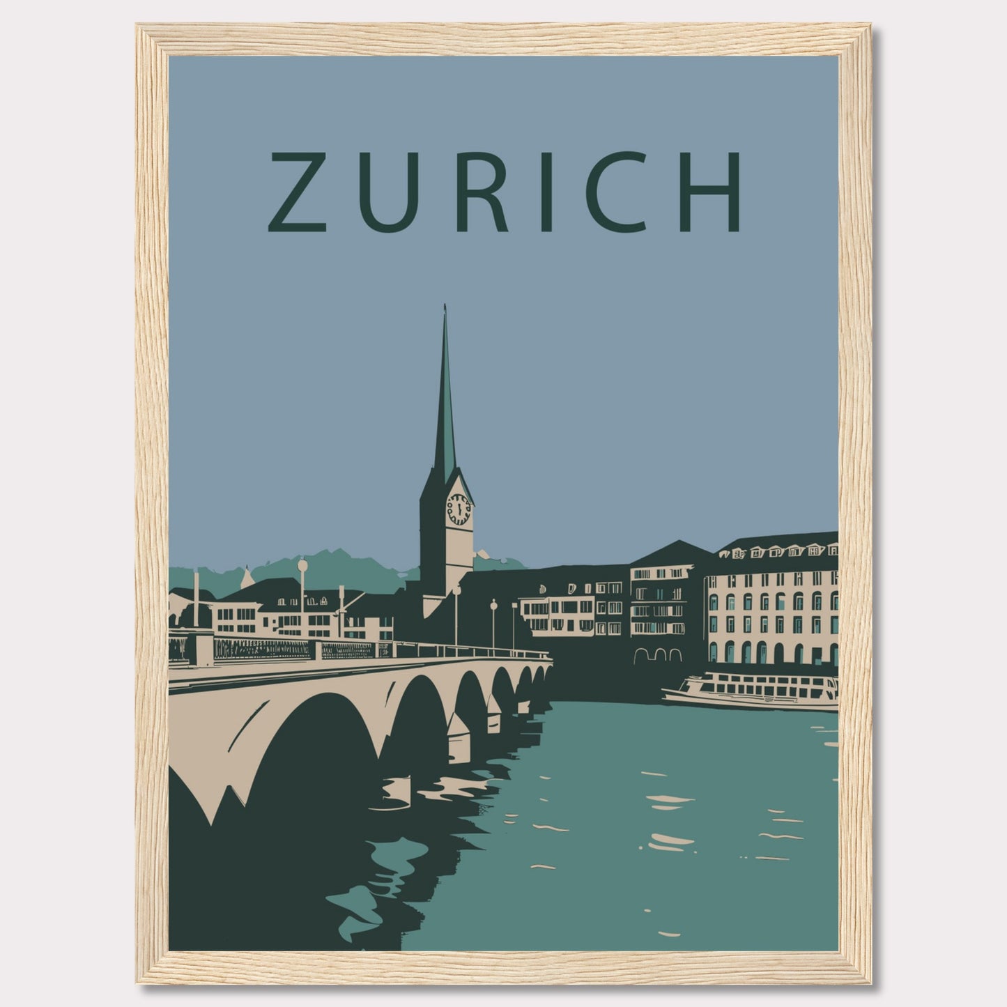 This poster features a serene illustration of Zurich, showcasing its iconic architecture and tranquil river scene.