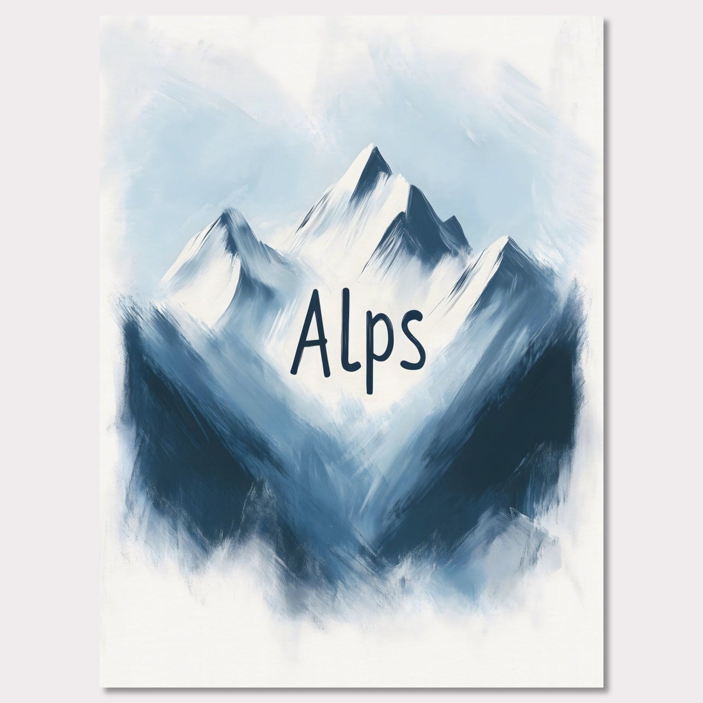 This minimalistic poster captures the raw beauty of alpine peaks, portrayed in a painterly, soft blue tone. The ethereal ambiance evokes a sense of peace and awe, celebrating the untouched splendor of nature.