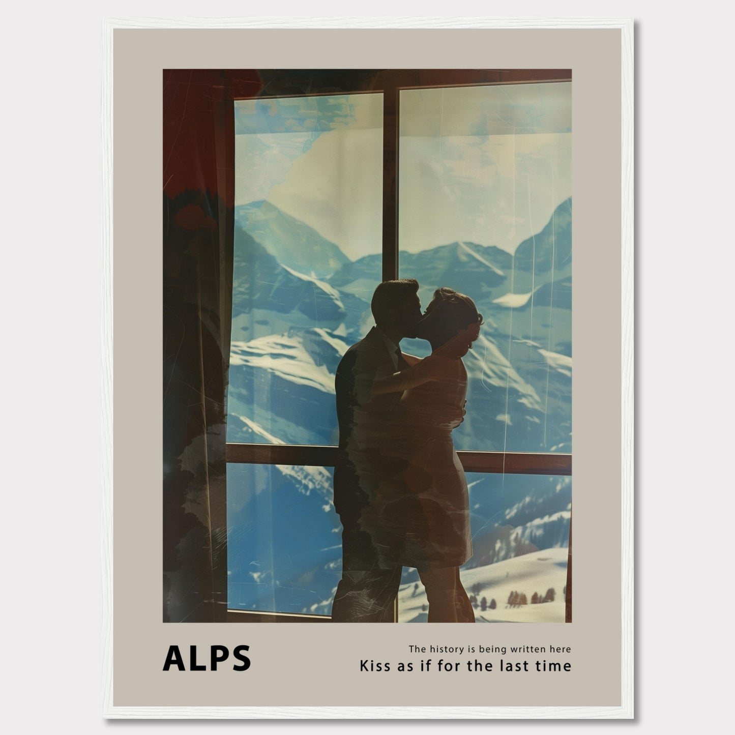 A romantic poster featuring a couple sharing a kiss with the breathtaking backdrop of the Alps visible through a large window. The serene snowy mountains and clear blue sky add to the emotional ambiance.