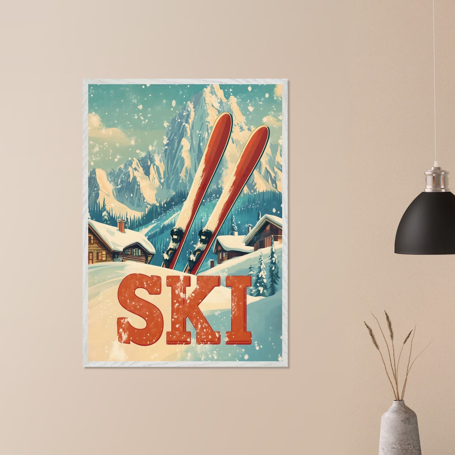 This captivating poster evokes the thrill of retro skiing with its vibrant and colorful design. Featuring a vintage-inspired skier mid-descent against a backdrop of majestic alpine peaks, it captures the essence of a bygone era of adventure. The dynamic composition and bold colors transport viewers to the golden age of skiing, making it an instant eye-catcher.