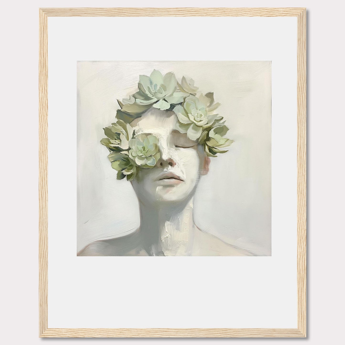 This captivating artwork features a serene face adorned with a crown of succulents, blending nature and human form in a harmonious expression.