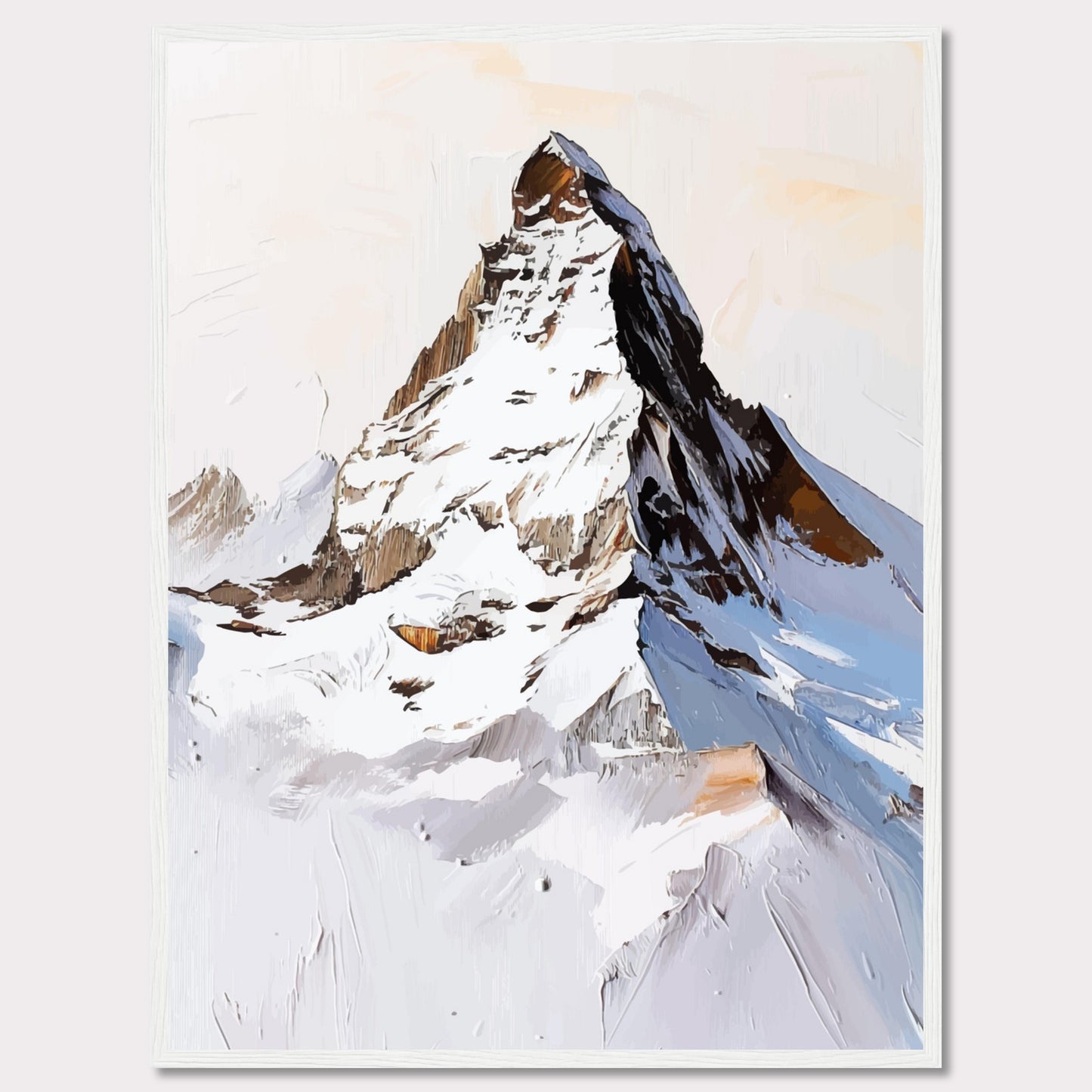 This image showcases a striking painting of a snow-covered mountain peak, likely inspired by the majestic Matterhorn. The artwork features bold brush strokes and a mix of white, brown, and blue hues, capturing the rugged beauty of the alpine landscape.