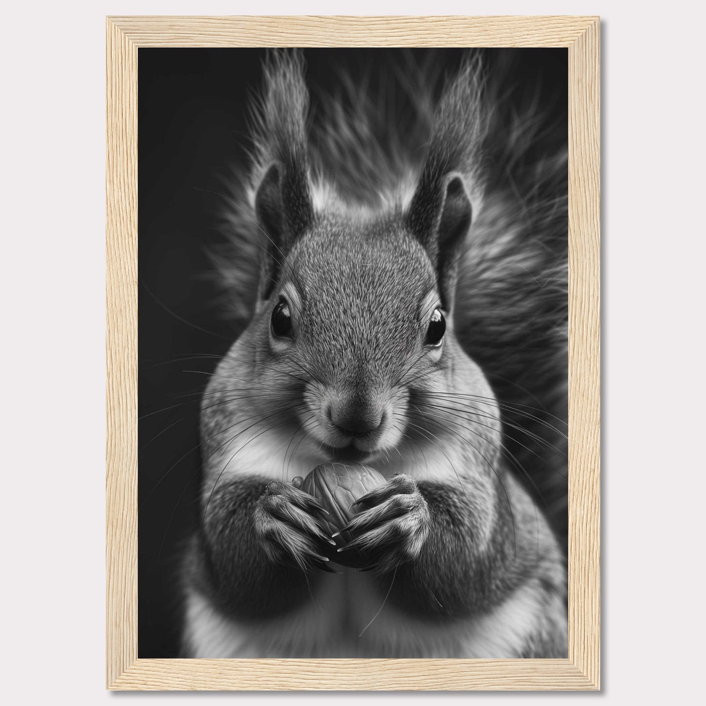 This captivating black and white photograph showcases a close-up of a squirrel holding a nut. The fine details of the squirrel's fur and the texture of the nut are beautifully highlighted, creating a striking contrast against the dark background. The squirrel's focused gaze adds an element of intensity to the image.