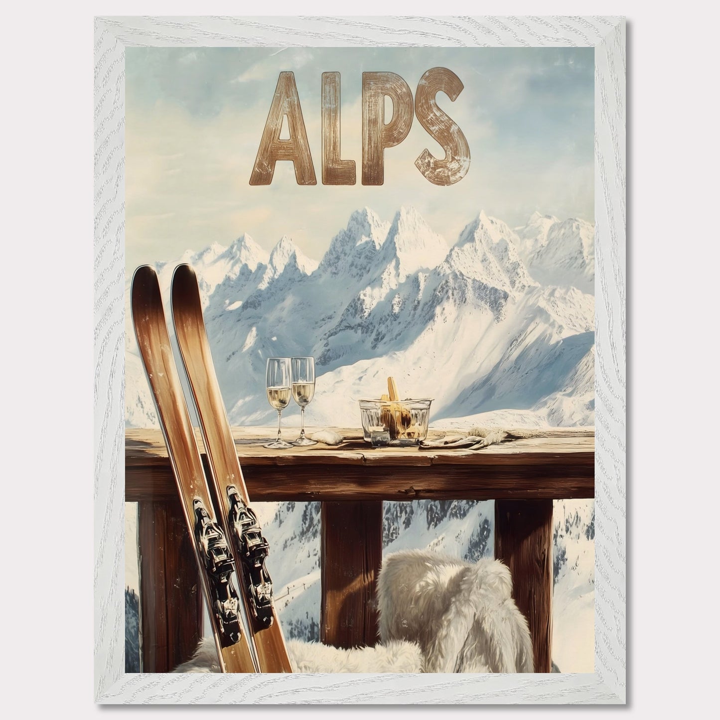 This vibrant poster captures the charm of après-ski culture with a rustic wooden terrace overlooking snow-covered mountains. The warm textures of fur throws and the elegant wine glasses create an inviting post-ski ambiance.