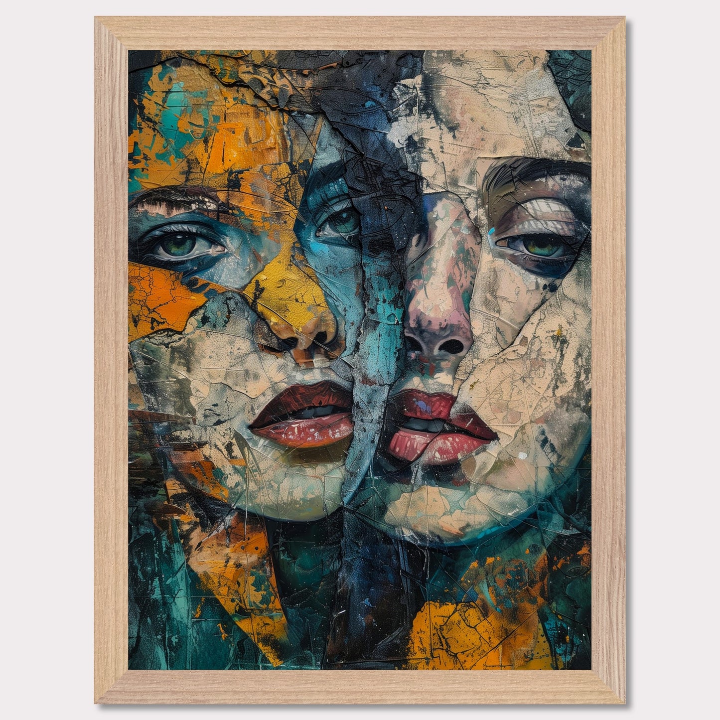 This captivating artwork features two intertwined, abstract faces with a rich blend of colors and textures. The painting exudes a sense of mystery and depth, drawing the viewer into its intricate details.