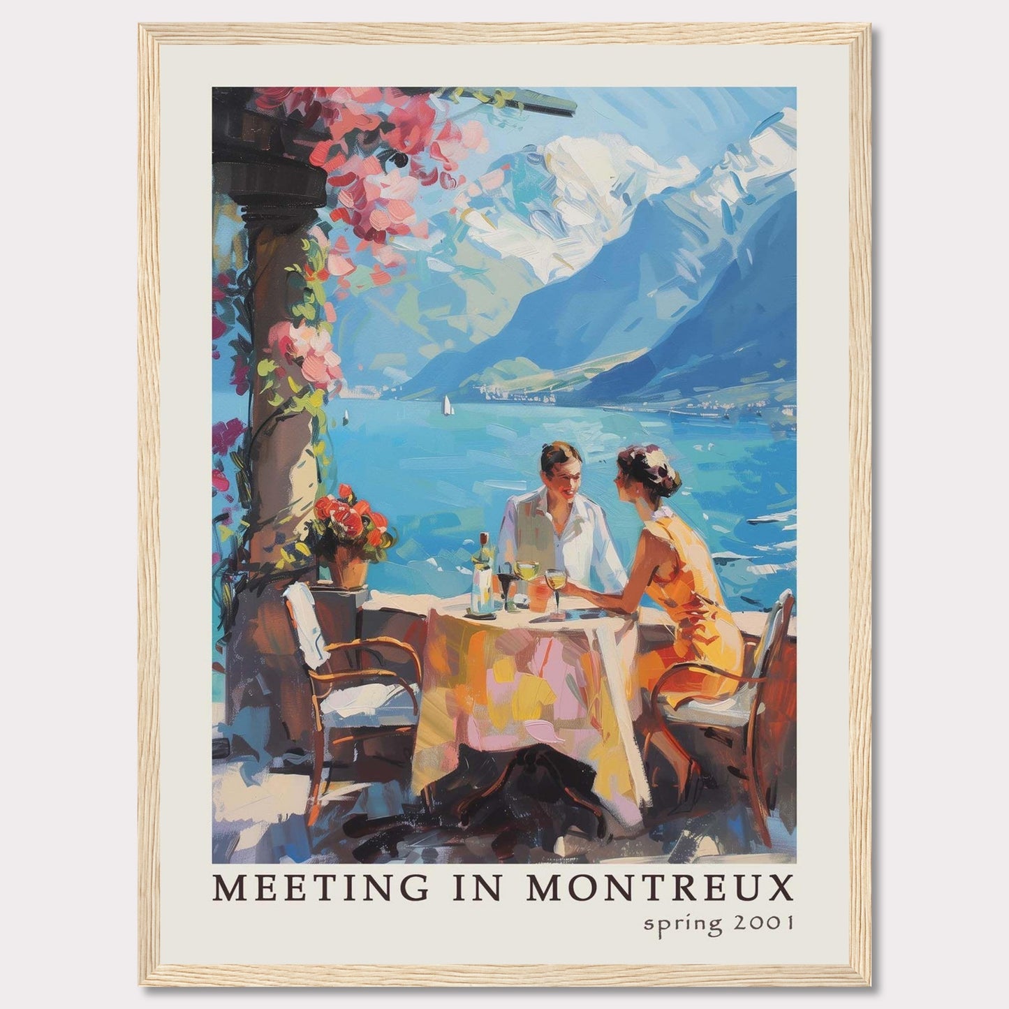 This vibrant poster captures a serene moment of a couple dining outdoors with the stunning backdrop of Montreux's picturesque lakeside and mountains.