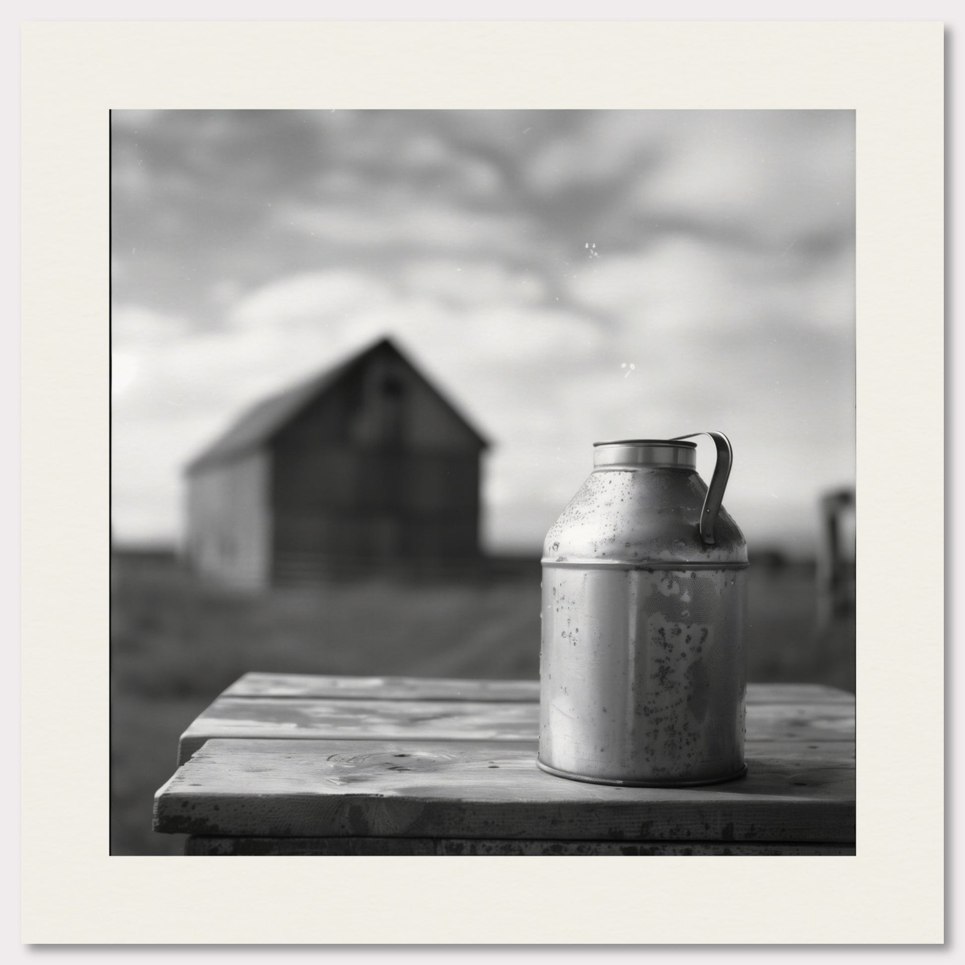 This is a black and white illustration showing a rustic scene. The focus is on an old metal milk can placed on a wooden table, with a blurred barn in the background under a cloudy sky.