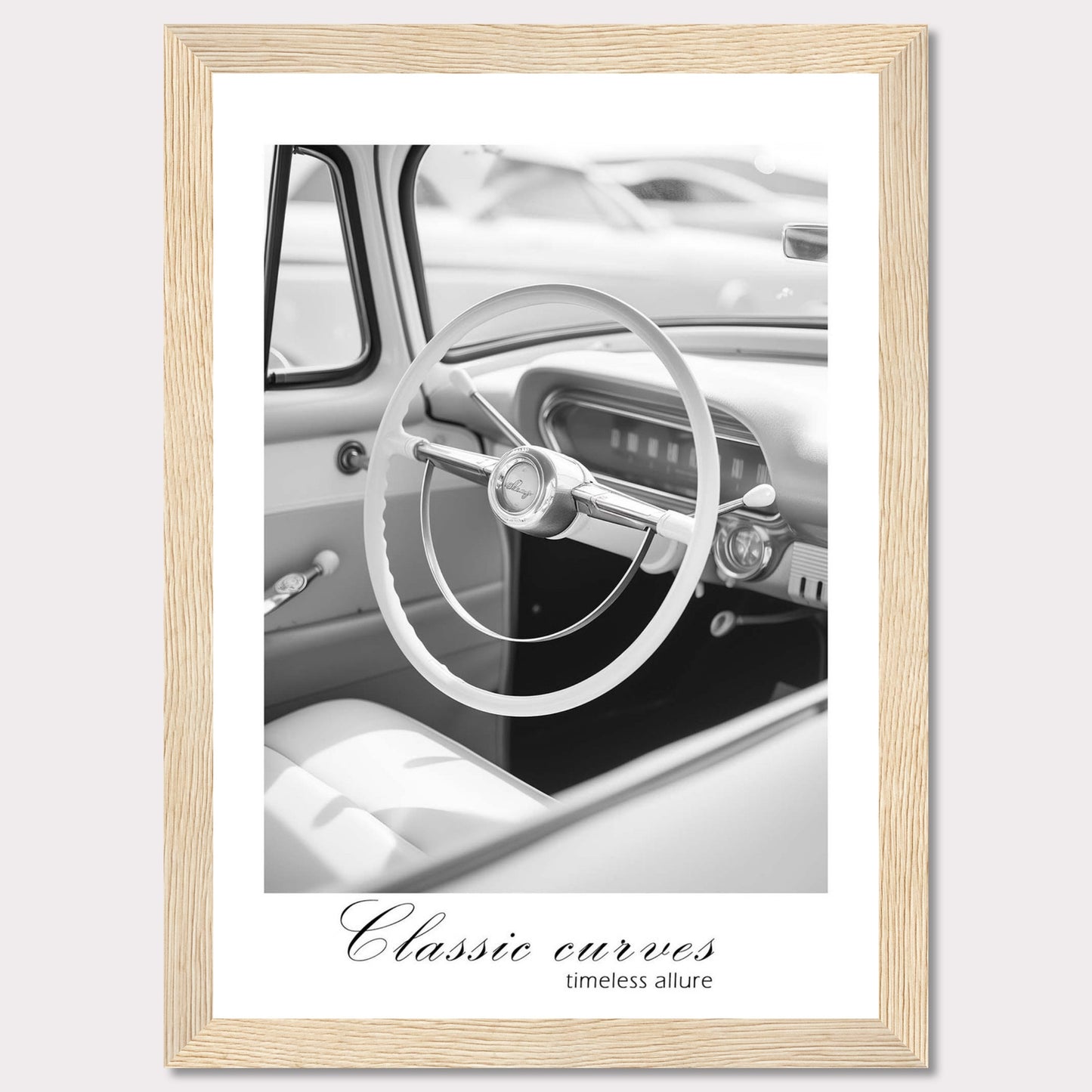 This image features a black and white photograph of a vintage car interior, focusing on the classic steering wheel. The photo exudes a sense of nostalgia and elegance.