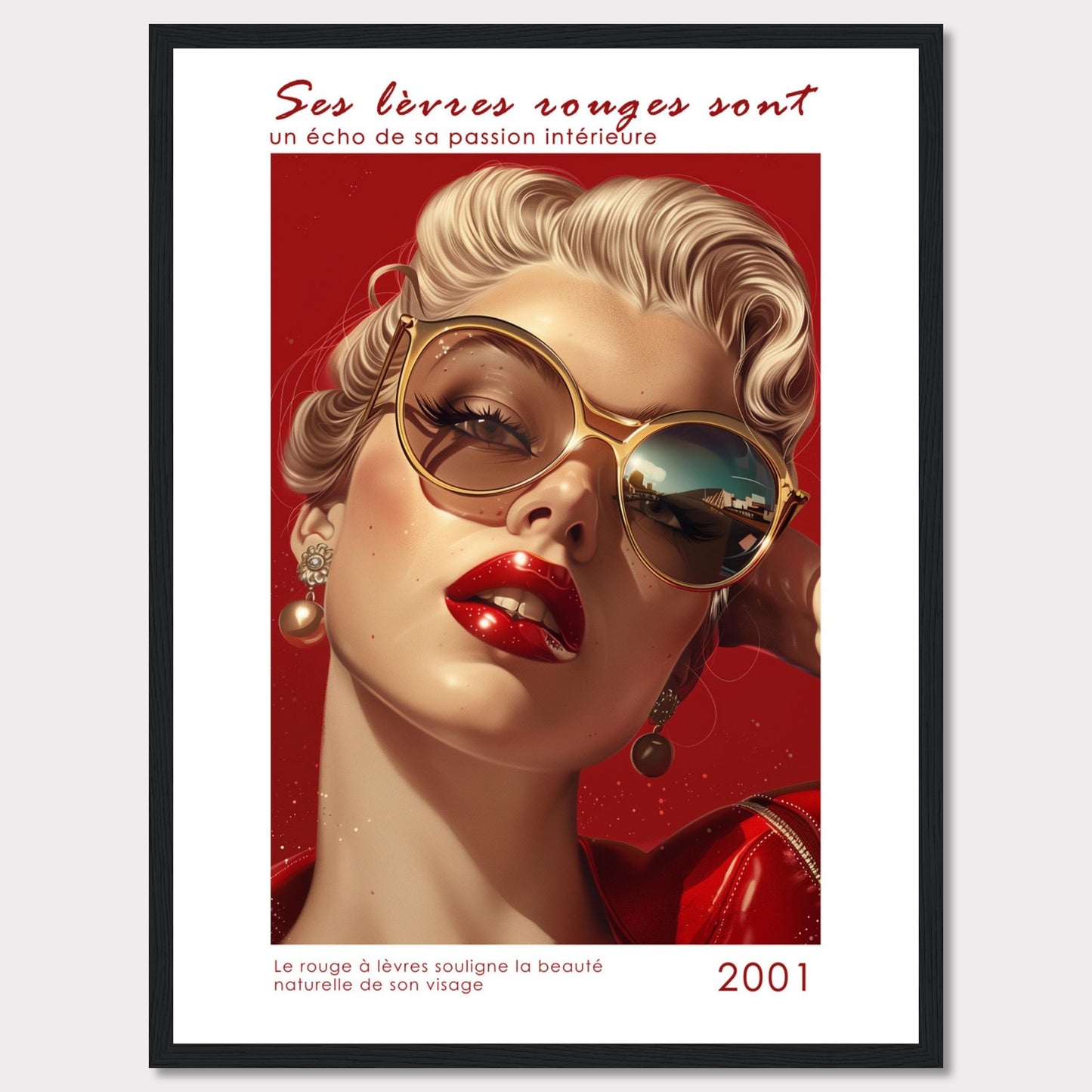 This captivating image features a glamorous woman with bold red lipstick, exuding confidence and allure. Her stylish sunglasses and elegant earrings add to her sophisticated look. The background is a striking red, enhancing the overall intensity of the image.