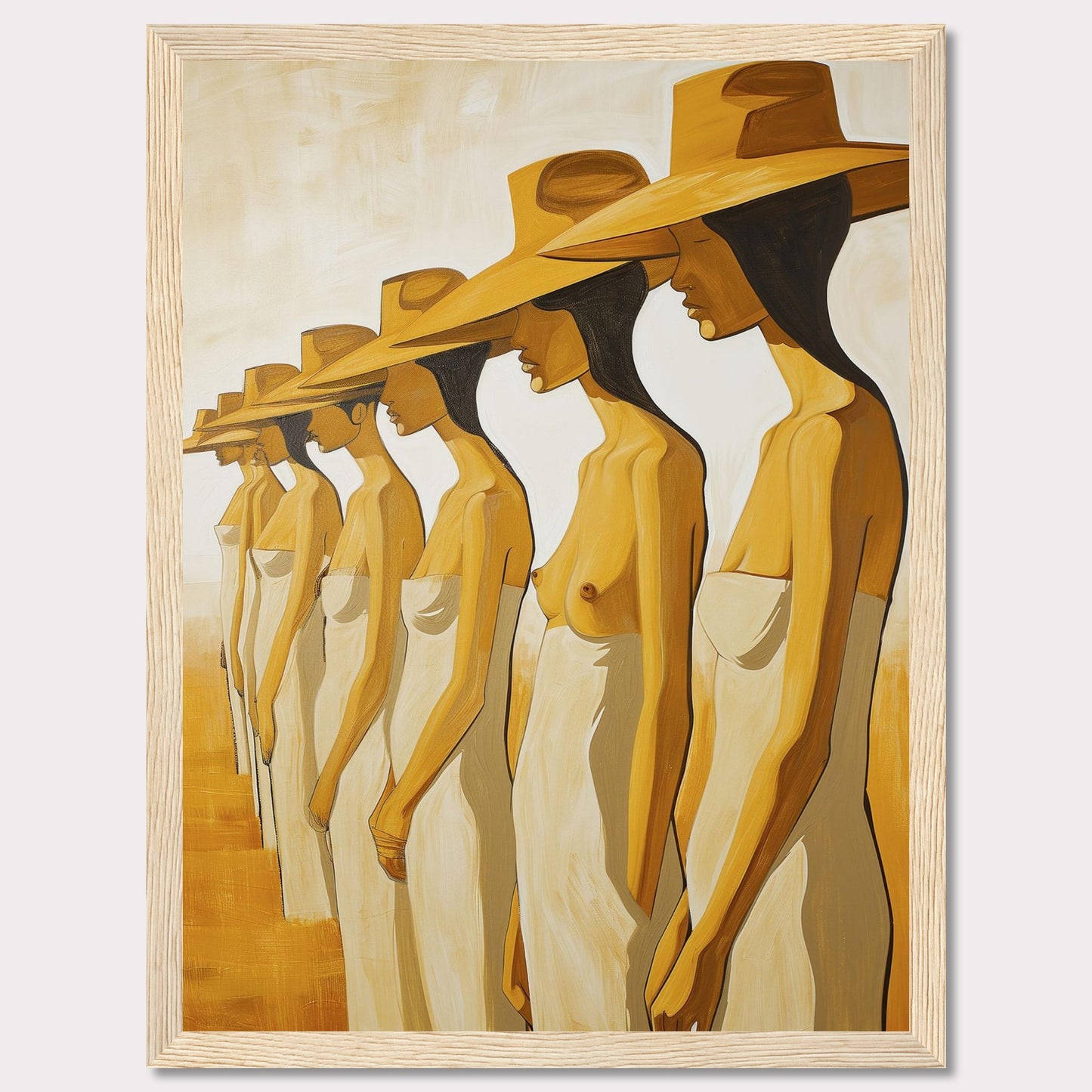 This striking artwork features a row of women standing in profile, each wearing a large hat and draped in a simple cloth. The painting captures a sense of unity and individuality through its minimalist style and warm color palette.