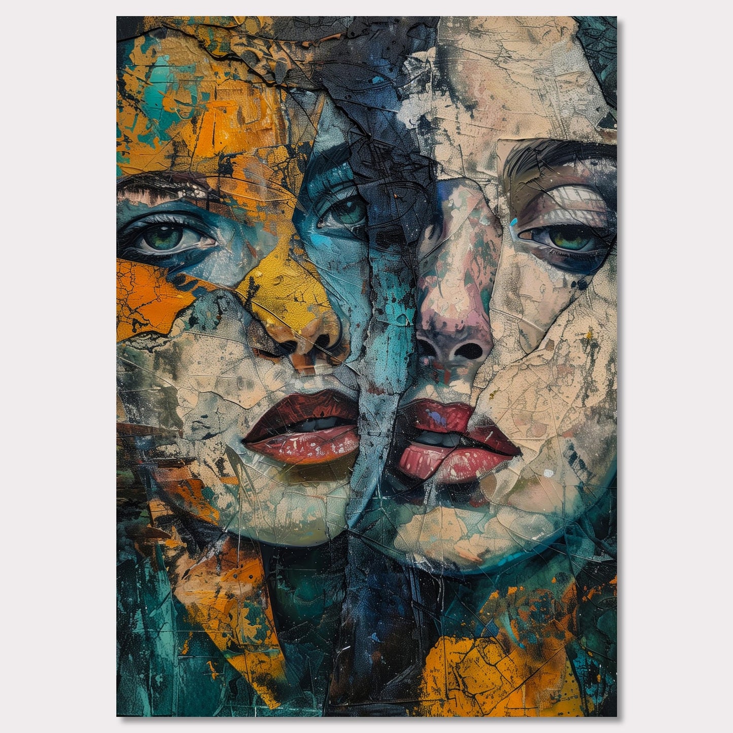 This captivating artwork features two intertwined, abstract faces with a rich blend of colors and textures. The painting exudes a sense of mystery and depth, drawing the viewer into its intricate details.