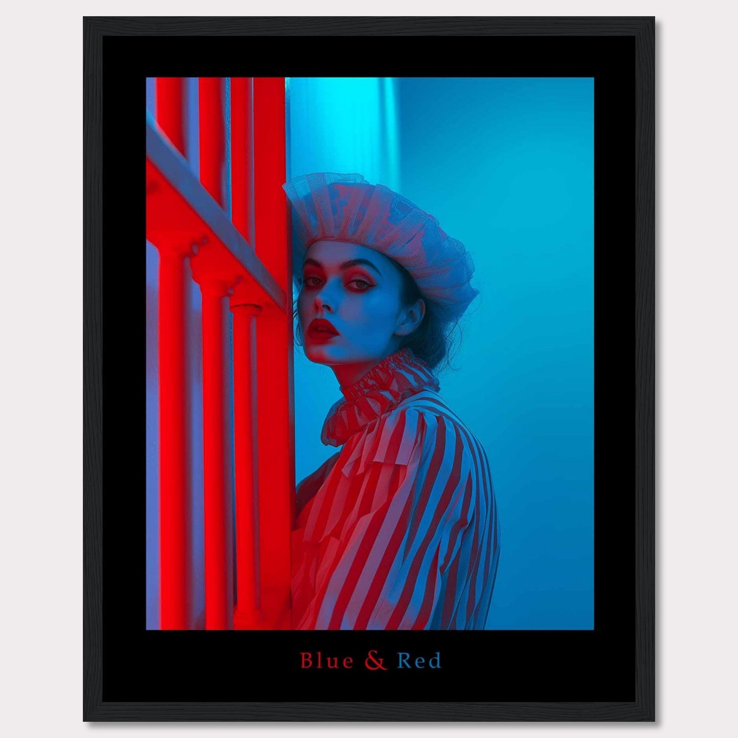 This striking poster features a dramatic portrait of a woman illuminated in contrasting blue and red lighting. The subject is dressed in a striped outfit and a sheer headpiece, creating a bold and artistic visual effect.