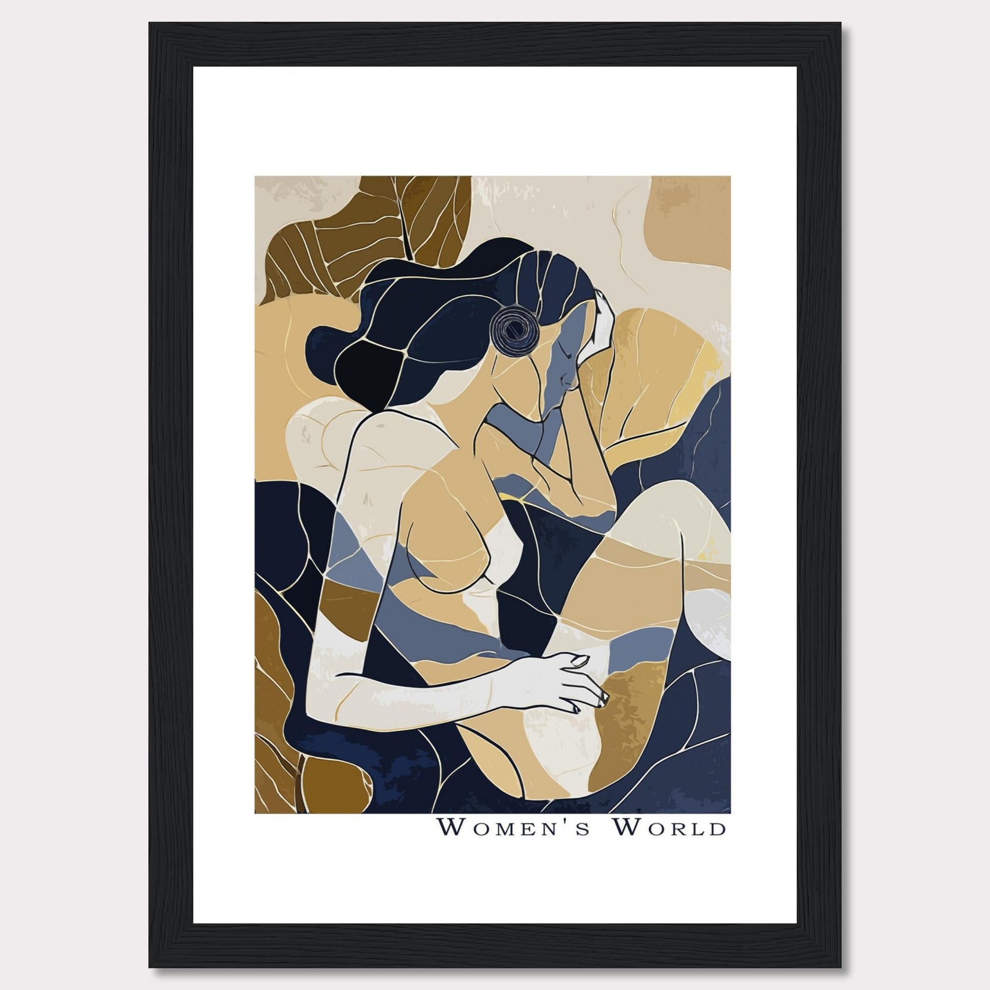 This is a contemporary art print titled "Women's World," featuring an abstract depiction of a woman in muted tones of blue, beige, and brown. The artwork is framed in a sleek black frame.