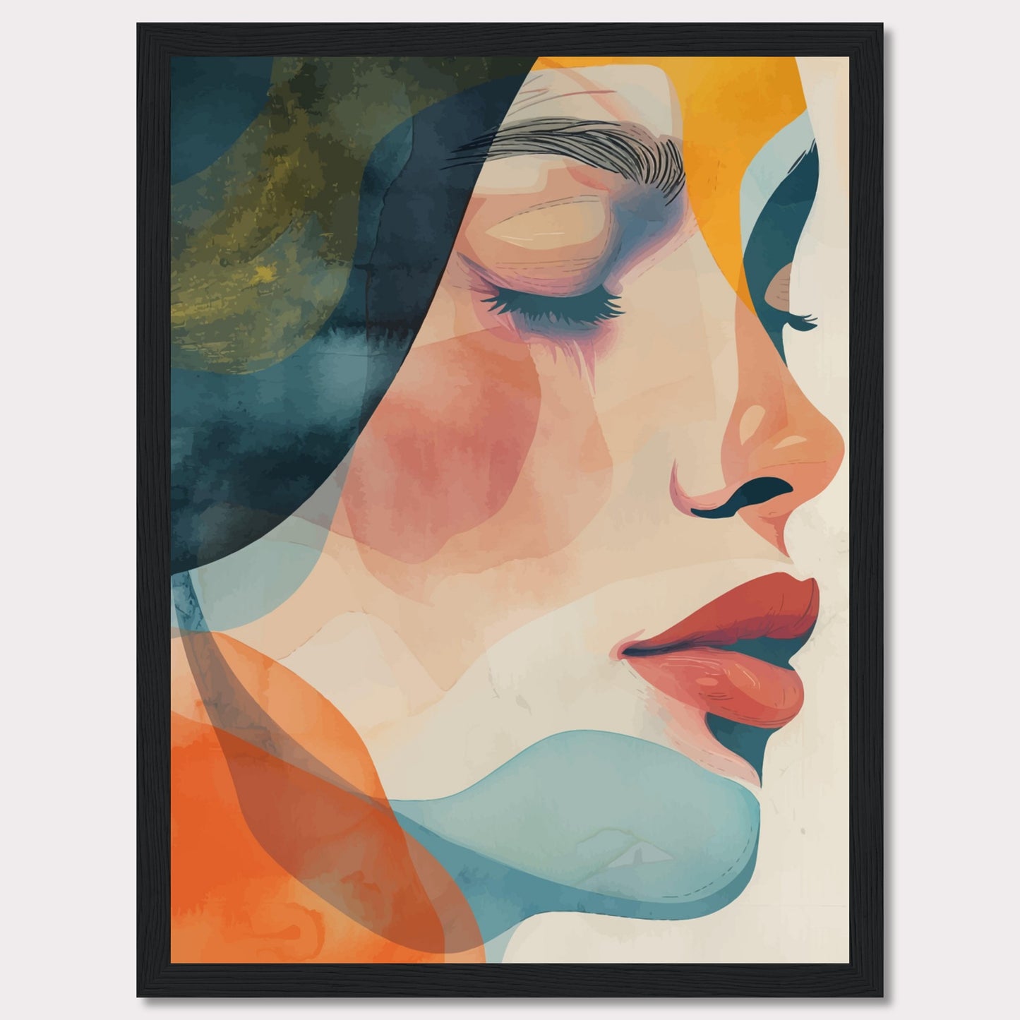 This captivating artwork features a serene profile of a woman's face, rendered in a vibrant mix of abstract colors. The composition highlights her closed eyes and calm expression, evoking a sense of tranquility and introspection.