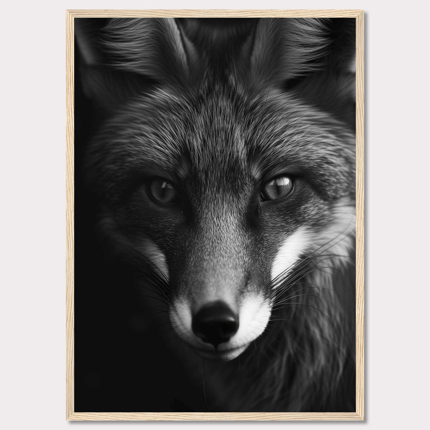 This striking black and white portrait captures the intense gaze of a fox, showcasing its majestic and enigmatic beauty. The detailed fur texture and sharp eyes draw you into the wild essence of this captivating creature.