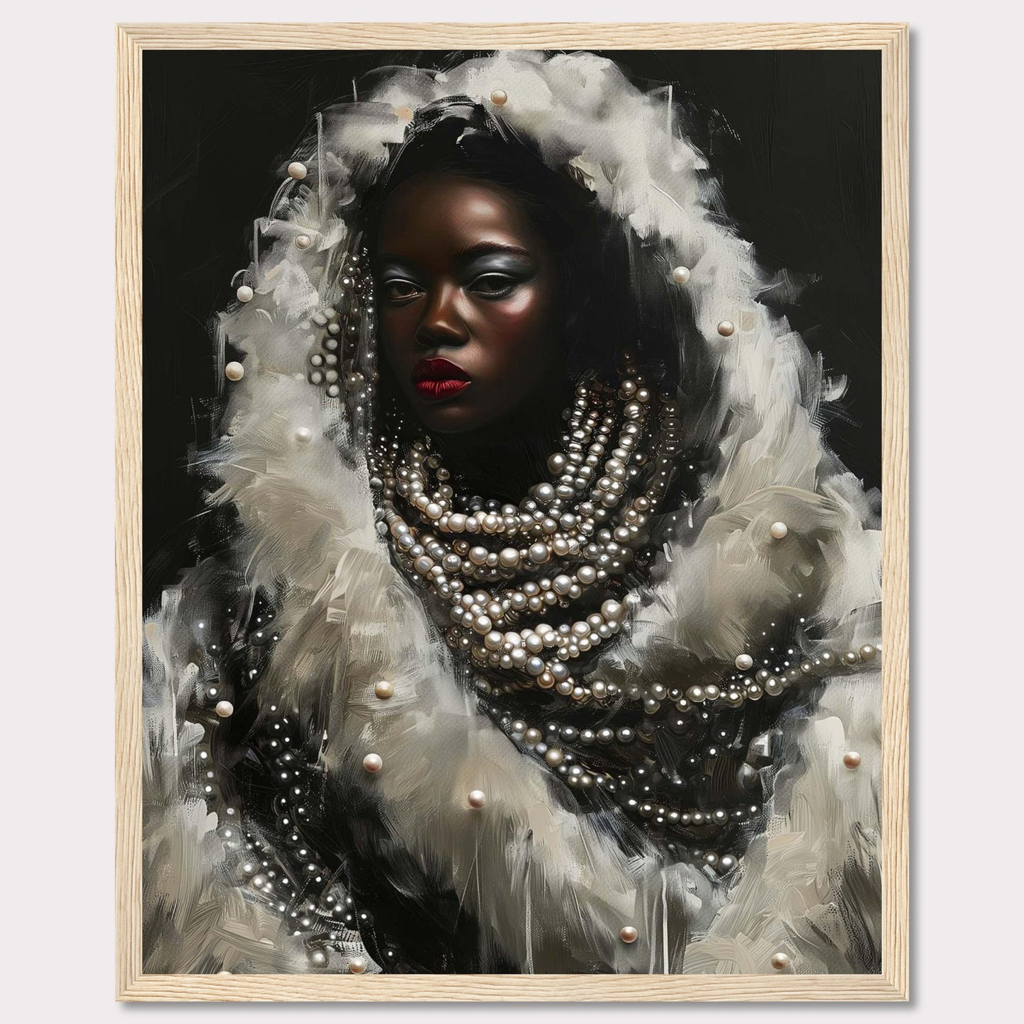 This captivating artwork features a striking portrait of a woman adorned with layers of pearls and white feathers. The dark background accentuates her luminous skin and bold red lips, creating a dramatic contrast. The intricate details of the pearls and feathers add a sense of luxury and elegance to the piece.