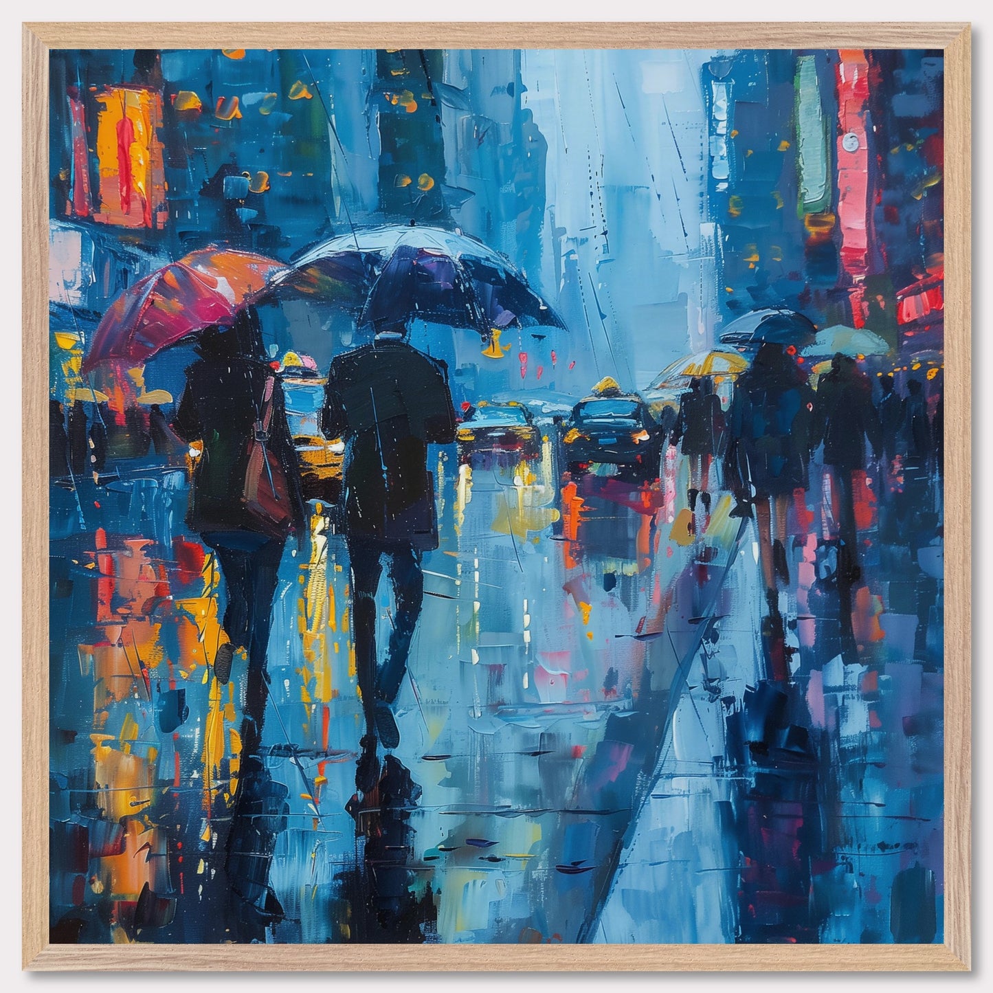 This captivating painting portrays a rainy city street bustling with people holding umbrellas. The vibrant colors and reflections on the wet pavement create a mesmerizing atmosphere.