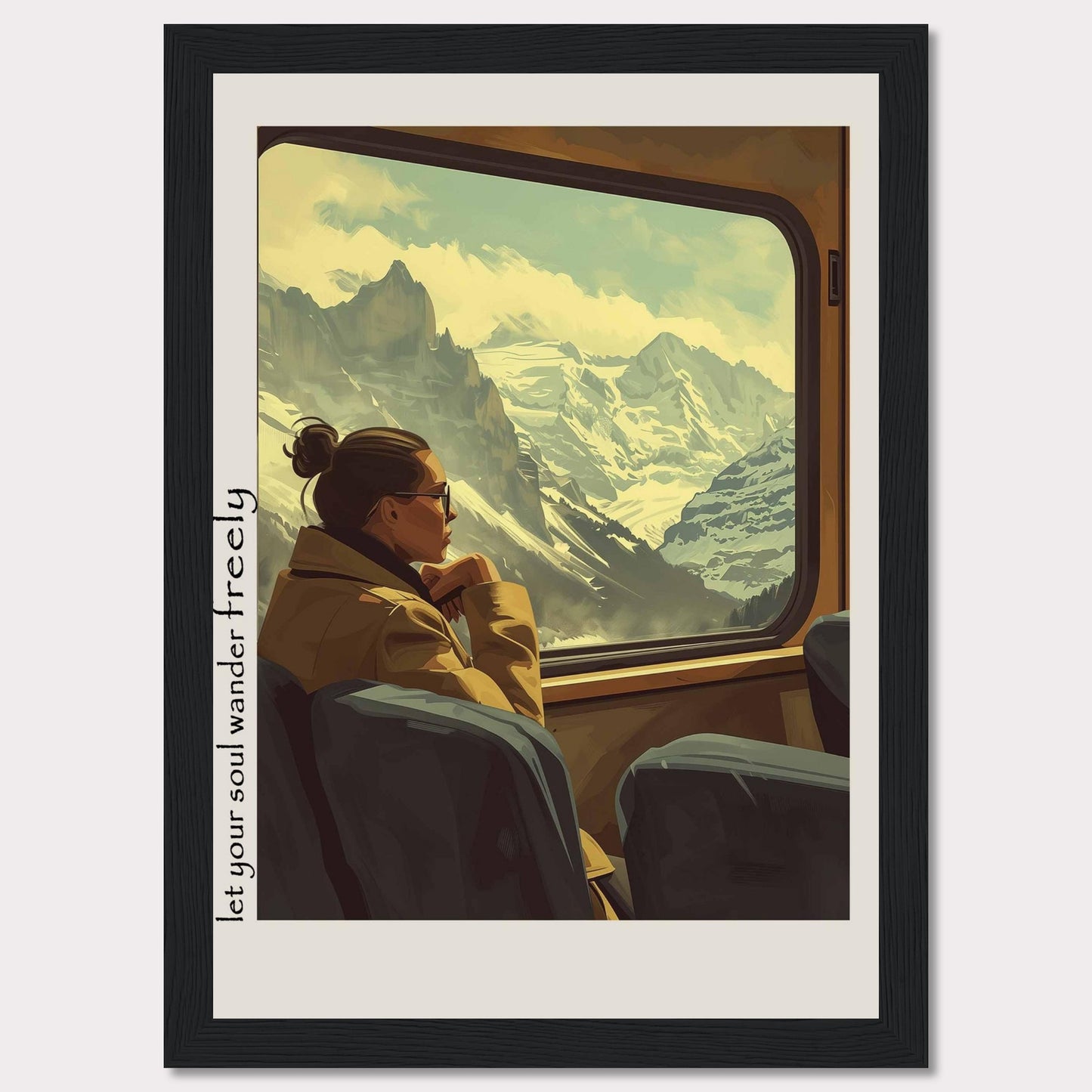 This image depicts a serene moment of a woman gazing out of a train window at a breathtaking mountain landscape. The scene is framed with the text "Let your soul wander freely" on the left side.